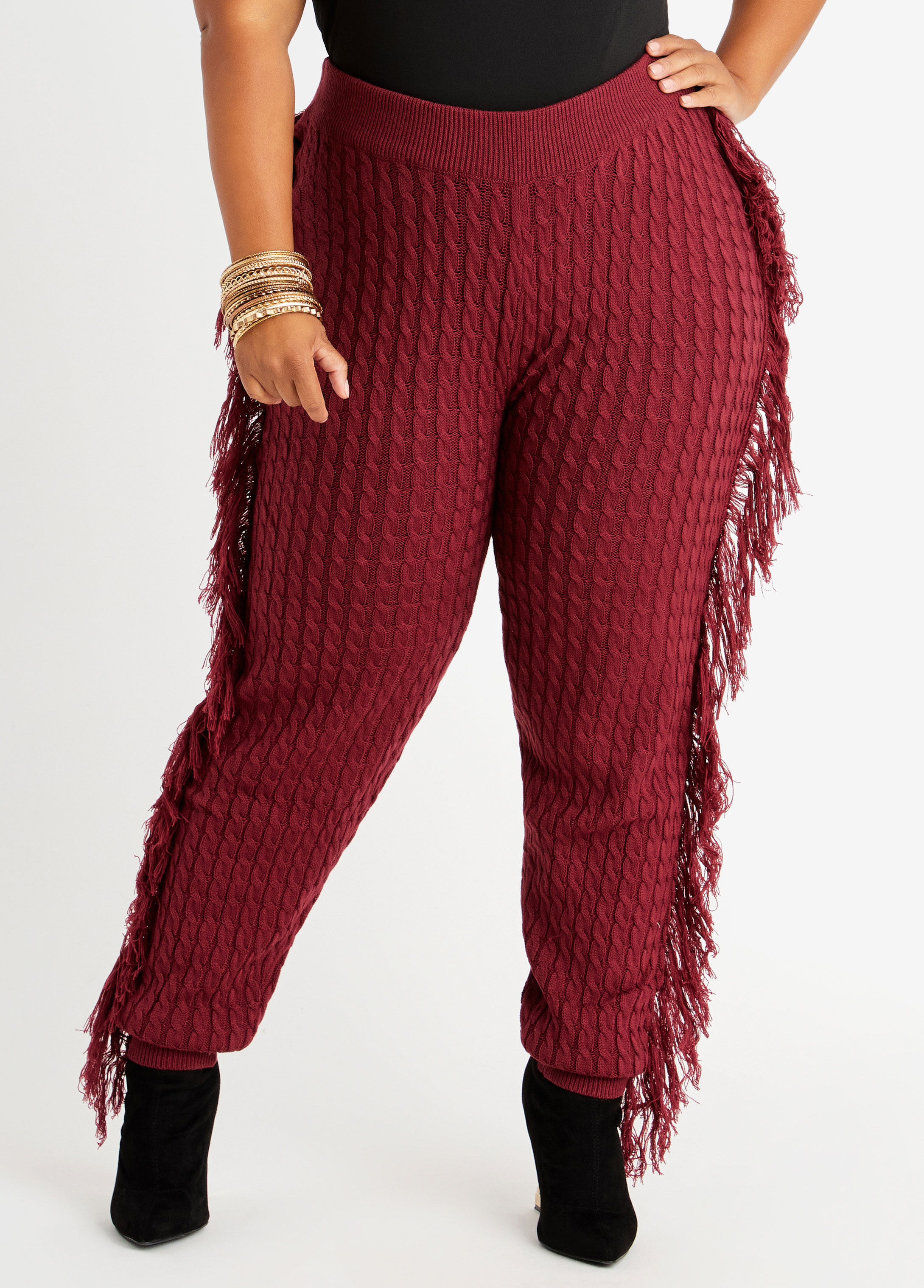 Final Sale Plus Size 2pc Fringe Sweater Pants Set in Red