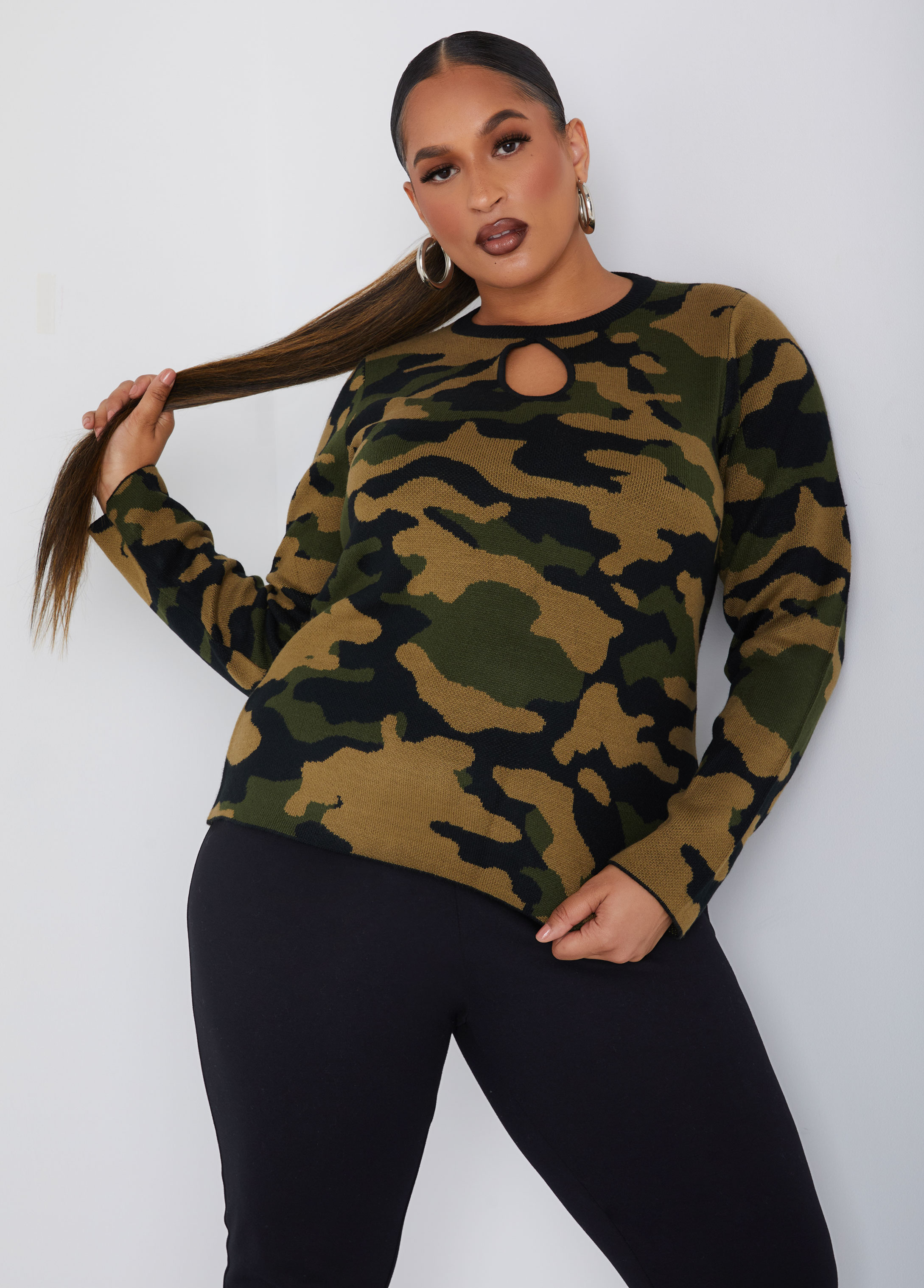 Plus Size Camo Keyhole Sweater, MULTI, 22/24 - Ashley Stewart