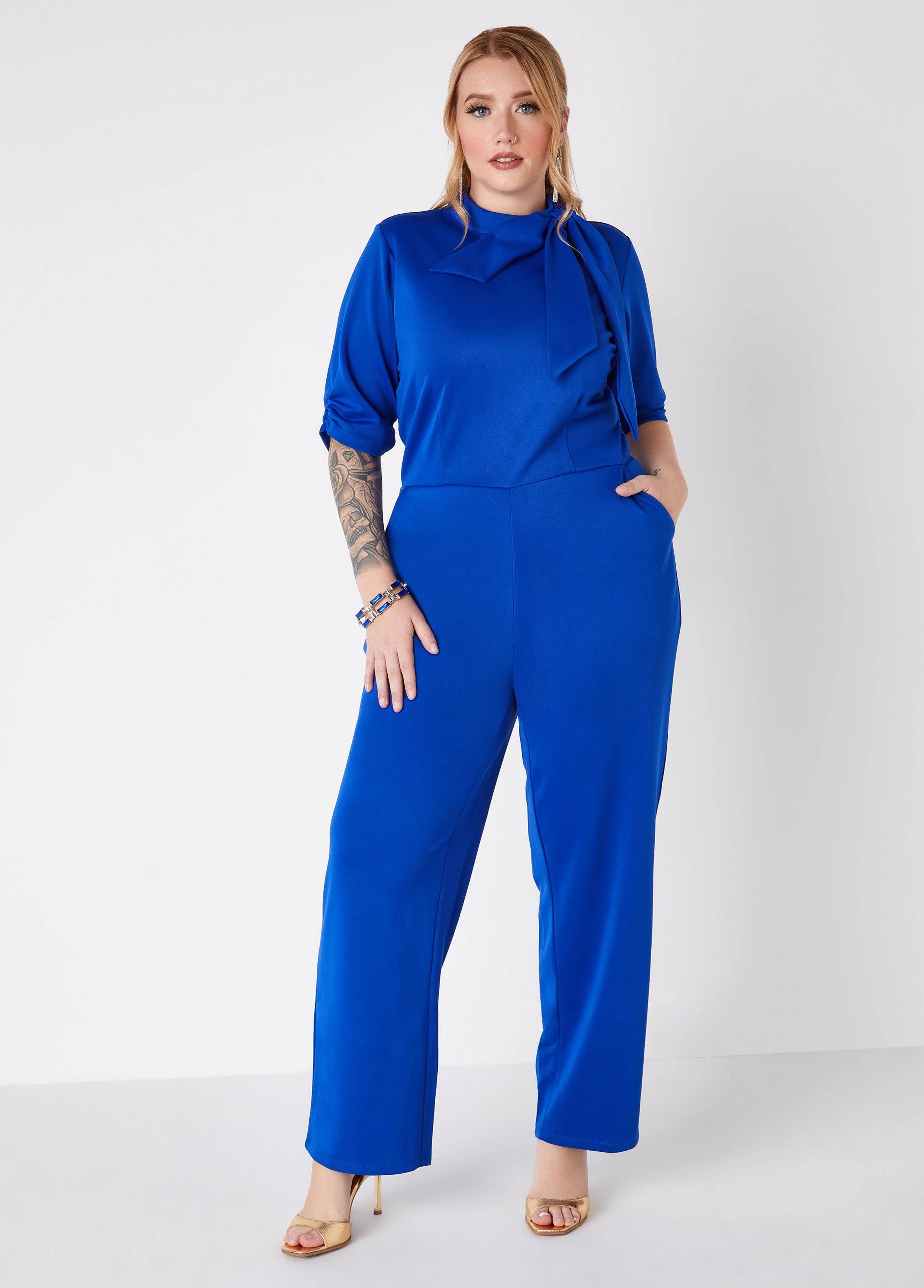 Plus Size Knotted Straight Leg Jumpsuit, BLUE, 22/24 - Ashley Stewart