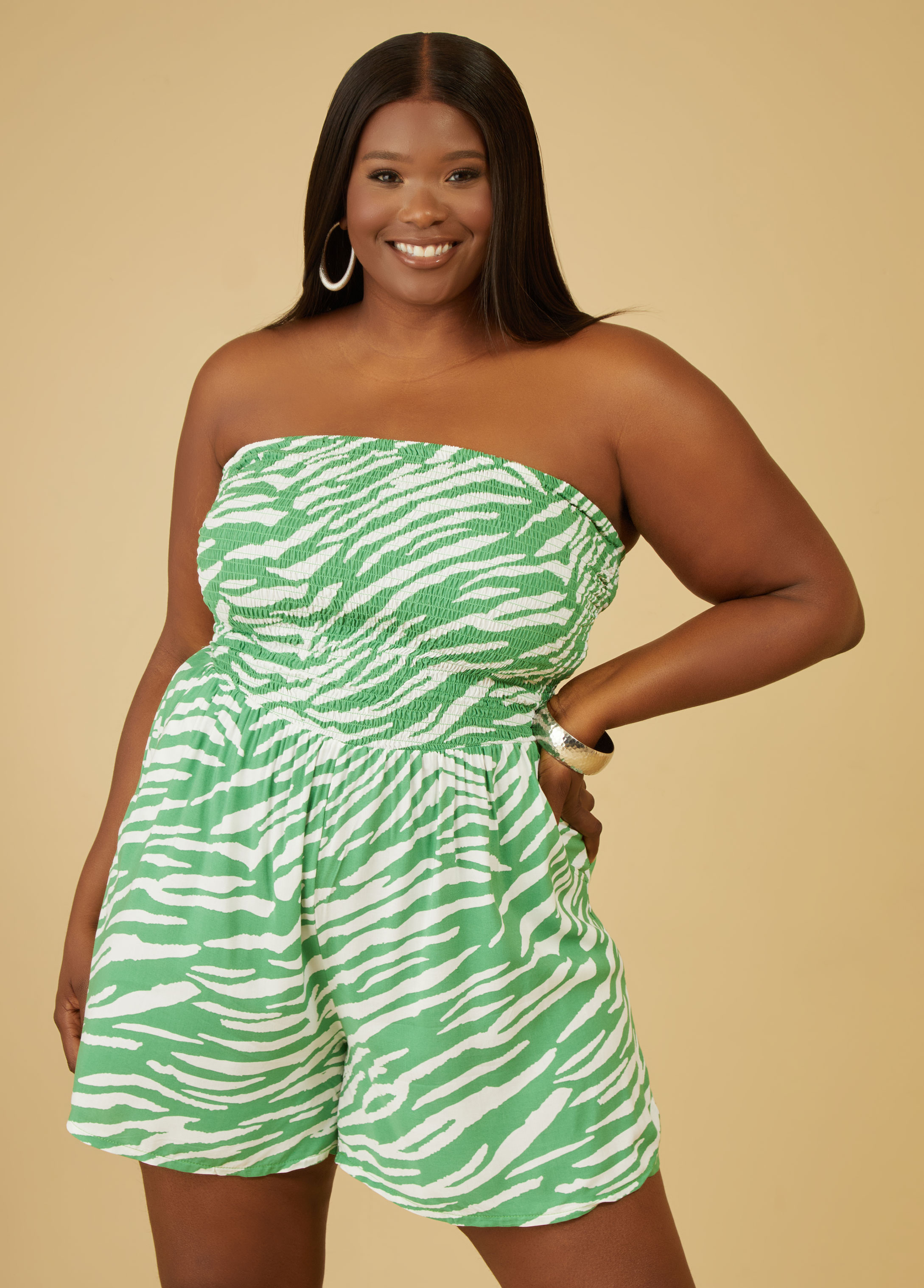 Plus Size Strapless Zebra Print Romper, GREEN, 2X - Ashley Stewart