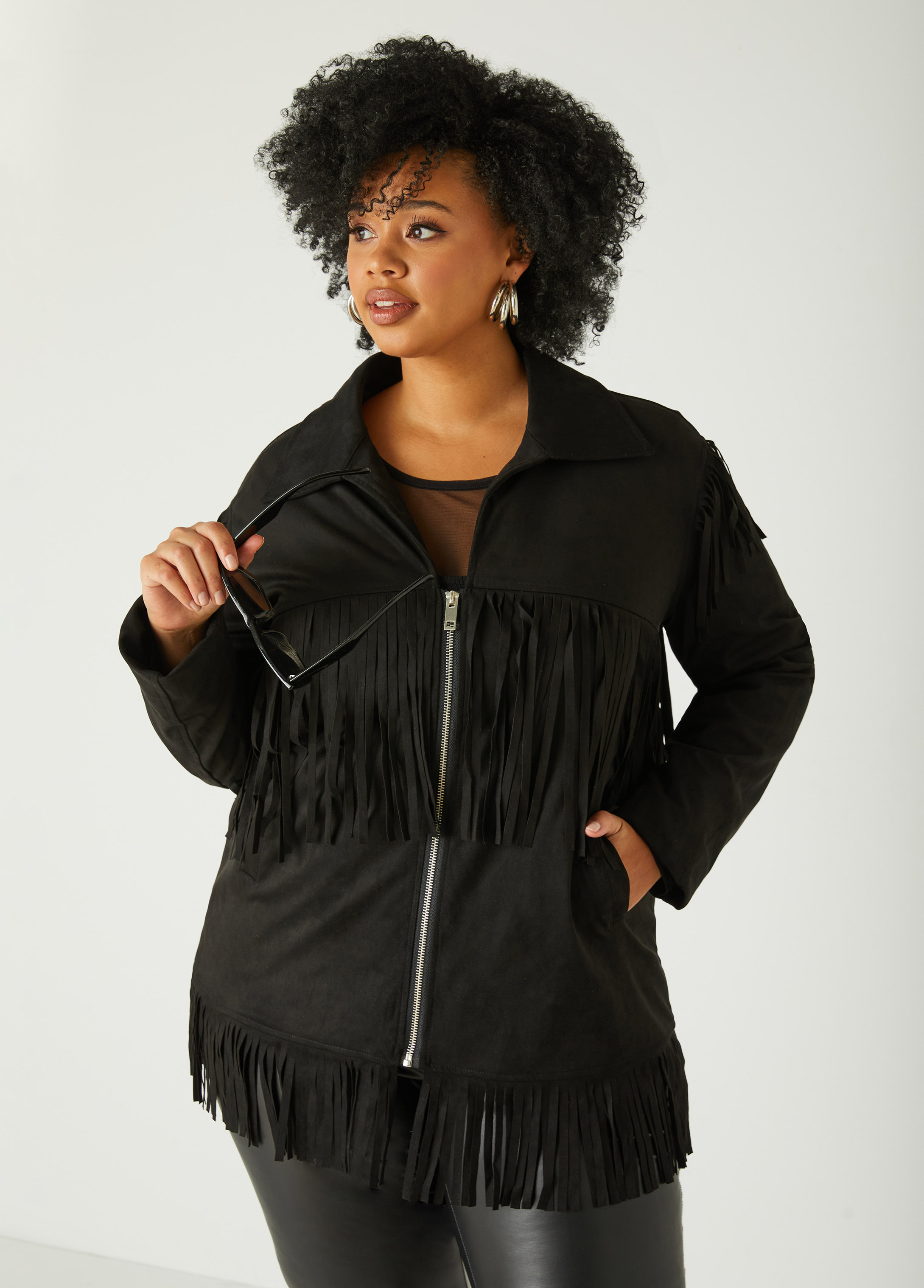 Plus Size Fringed Faux Suede Jacket, BLACK, 18/20 - Ashley Stewart