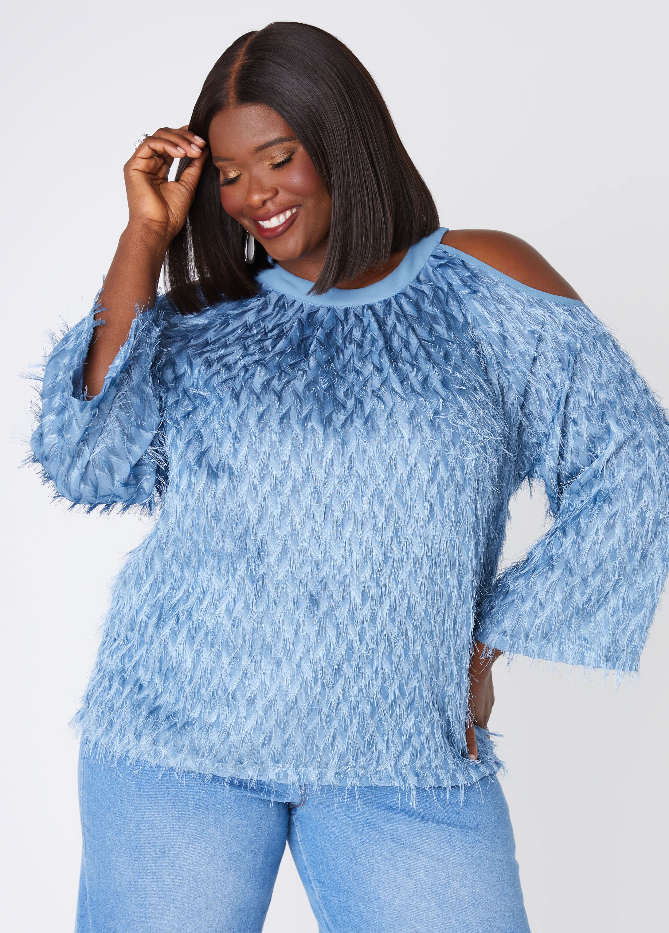 Plus Size Fringed Cold Shoulder Blouse, BLUE, 10/12 - Ashley Stewart