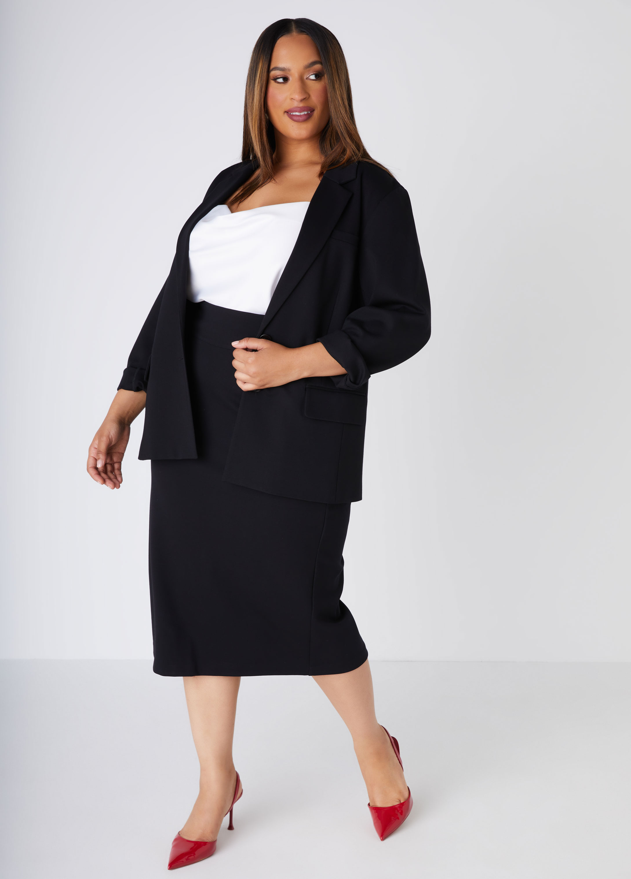 Plus Size Ponte Midi Pencil Skirt, BLACK, 26 - Ashley Stewart