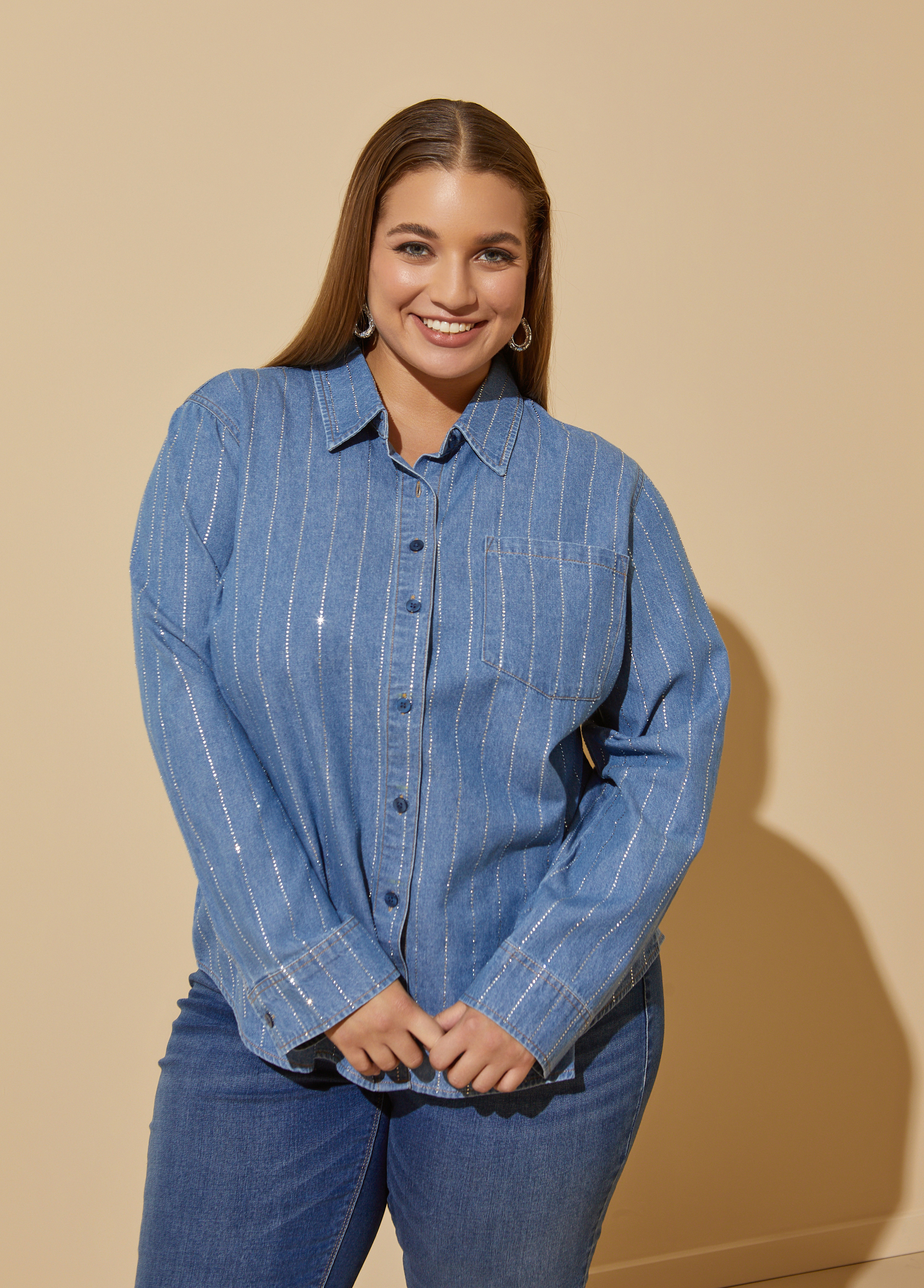 Plus Size Crystal Embellished Denim Shirt, BLUE, 30 - Ashley Stewart