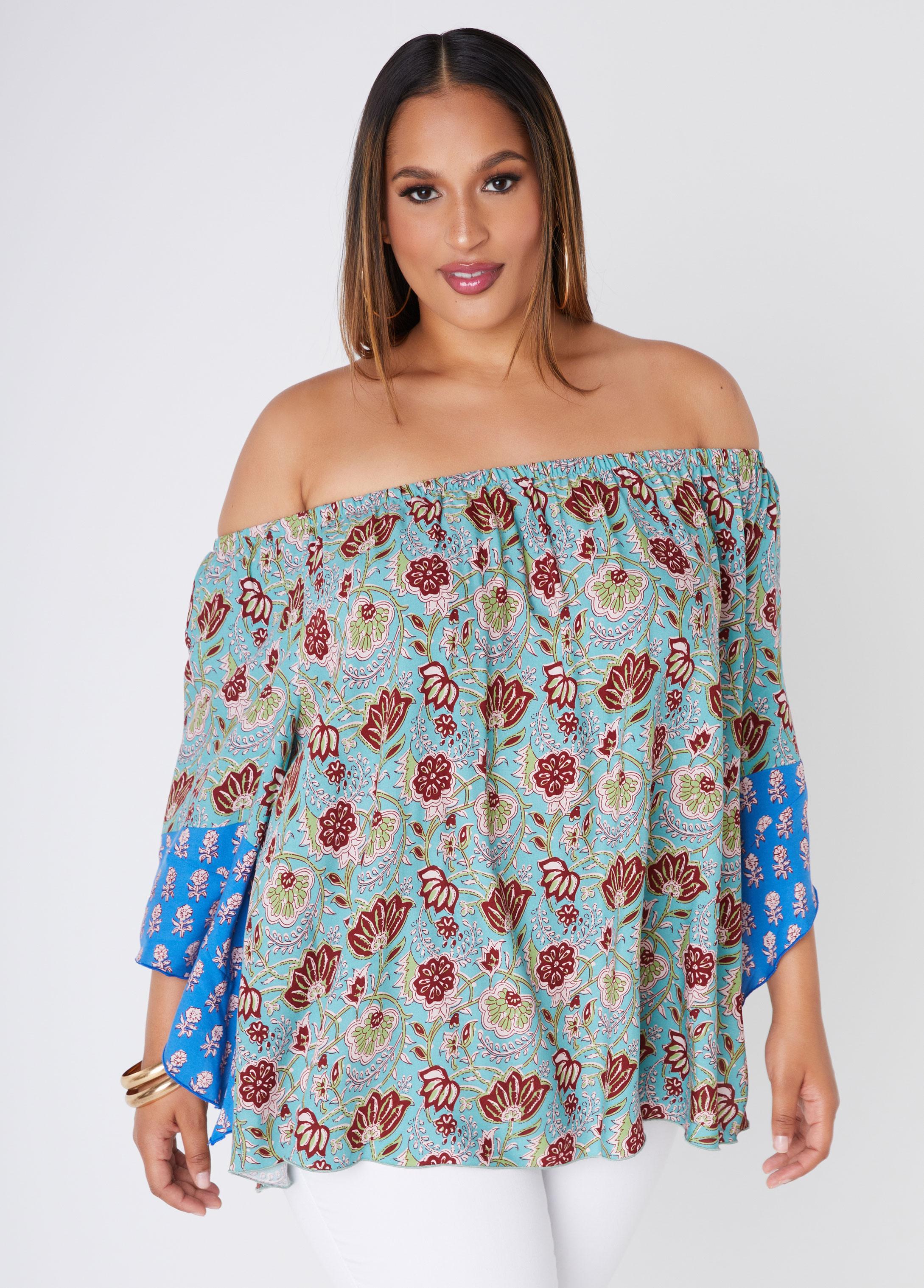 Plus Size Printed Off The Shoulder Woven Top, MULTI, 1X - Ashley Stewart