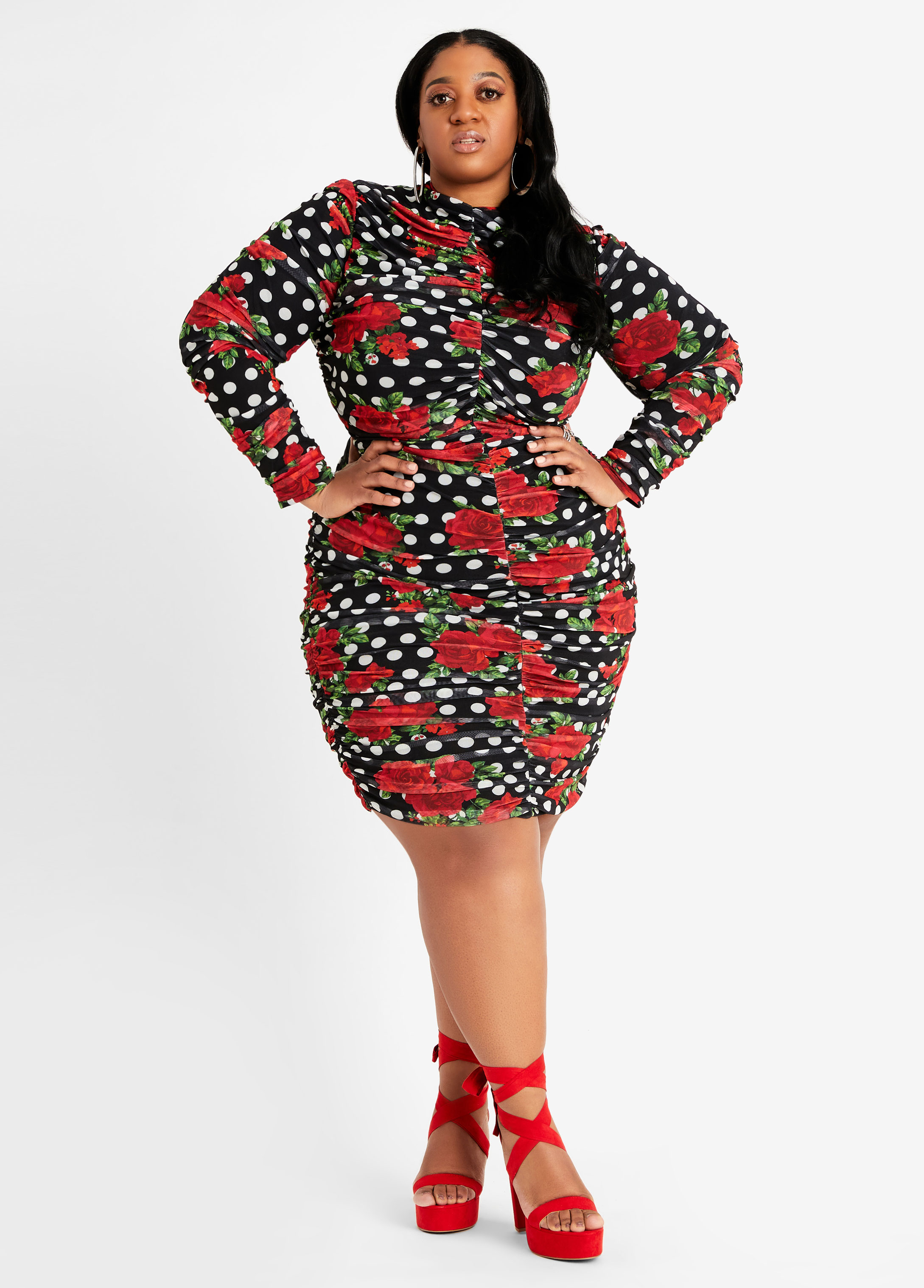 Plus Size Floral Dot Mesh Ruched Mock Neck Sexy Bodycon Midi Dress