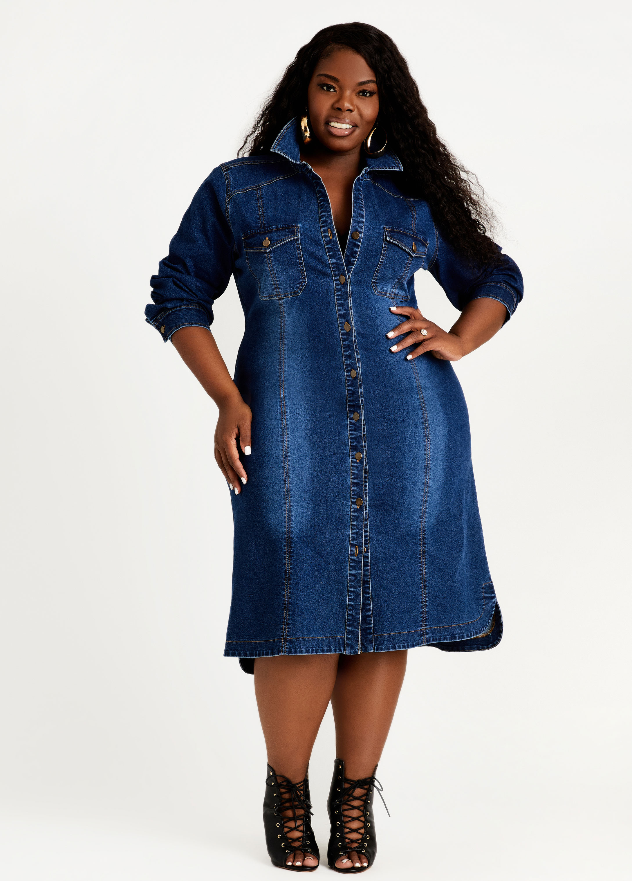 Plus Size Trendy Denim Button Front Cargo Chic Midi Shirtdress