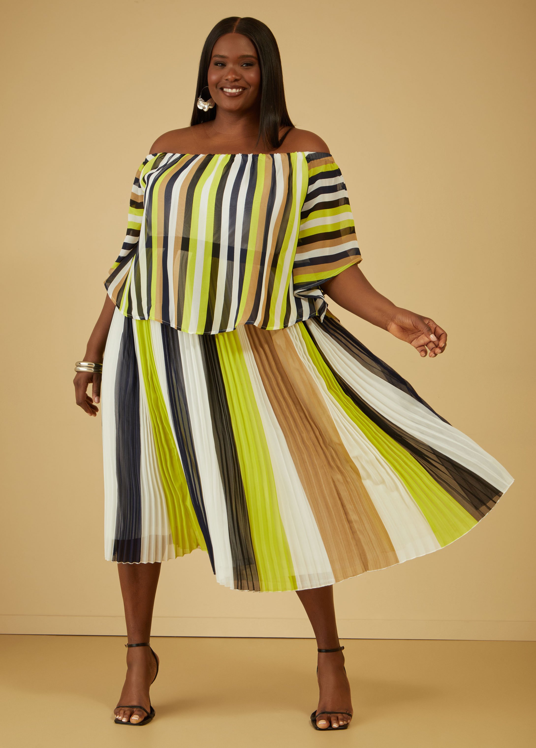 Plus Size Pleated Striped Midi Skirt, WHITE, 18/20 - Ashley Stewart