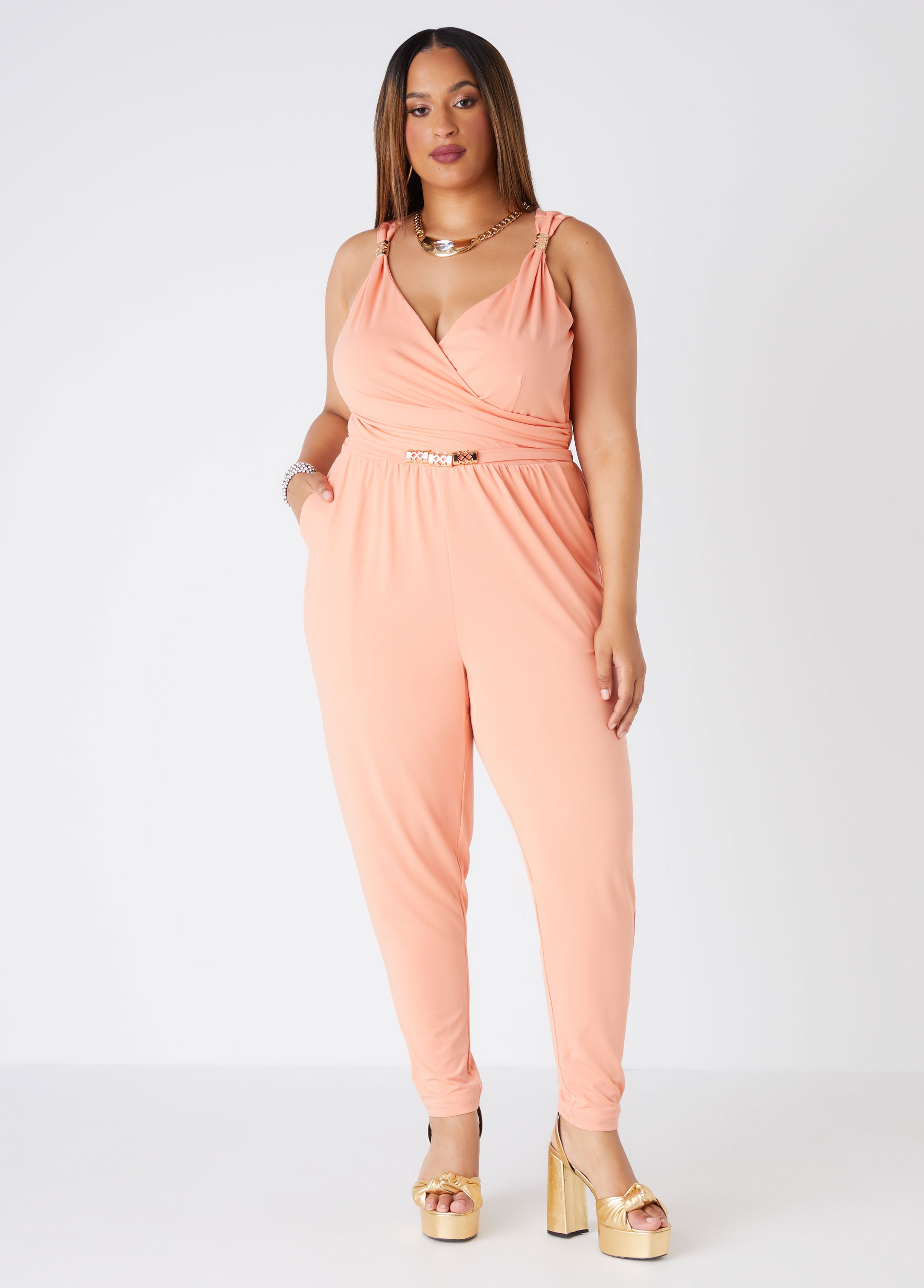 Plus Size Embellished Tapered Jumpsuit, PINK, 14/16 - Ashley Stewart