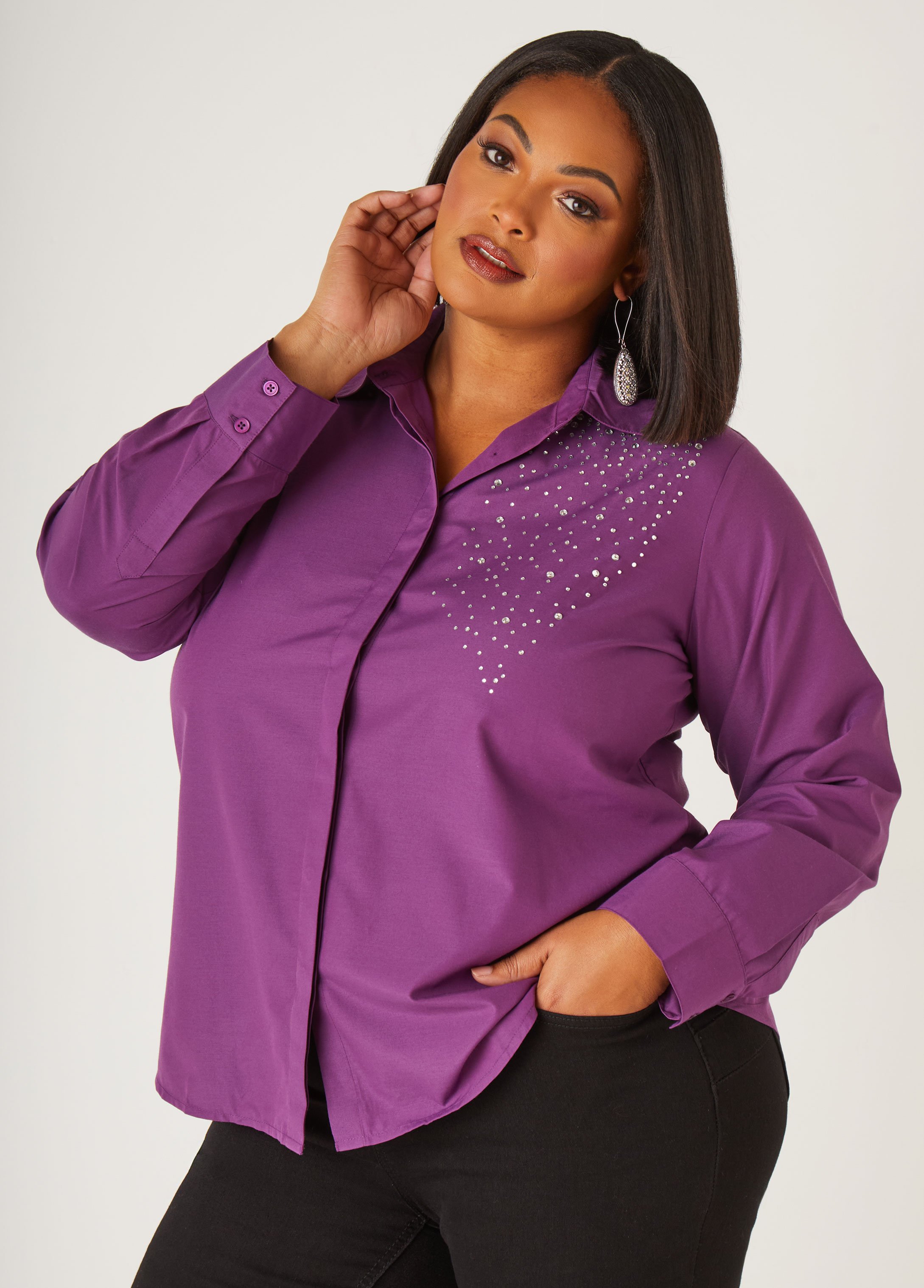 Plus Size Crystal Embellished Poplin Shirt, PURPLE, 30 - Ashley Stewart