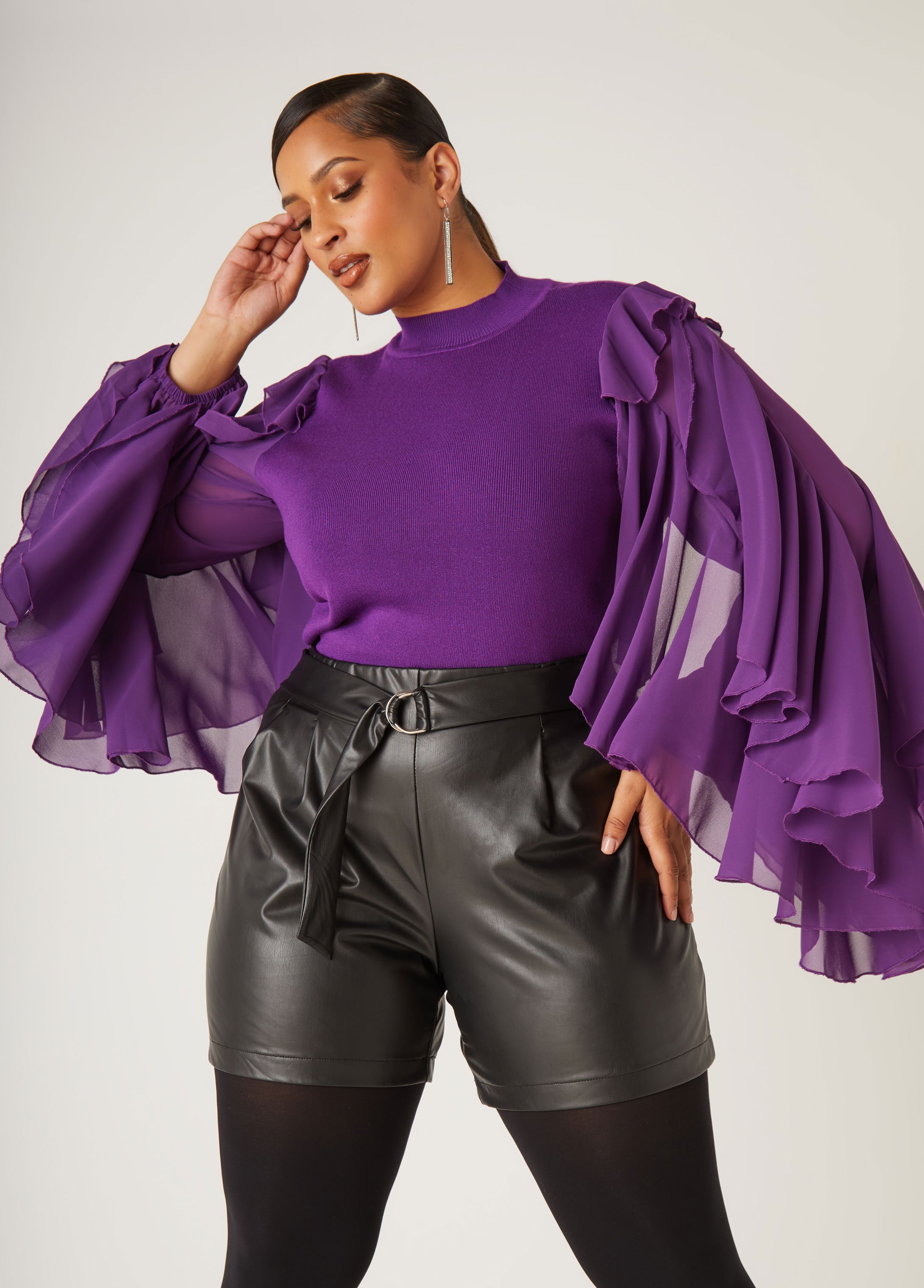 Plus Size Ruffled Organza Sleeved Sweater, PURPLE, 14/16 - Ashley Stewart