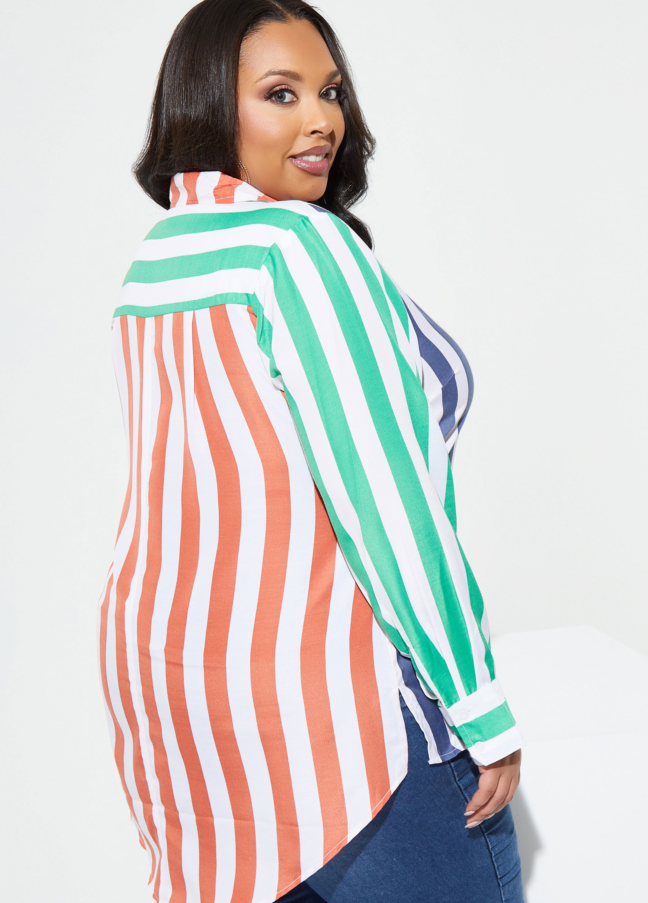 Plus Size Colorblock Striped Polka Dot Print Shirt, Women's Plus Slight  Stretch Casual Shirt Blouse - Temu