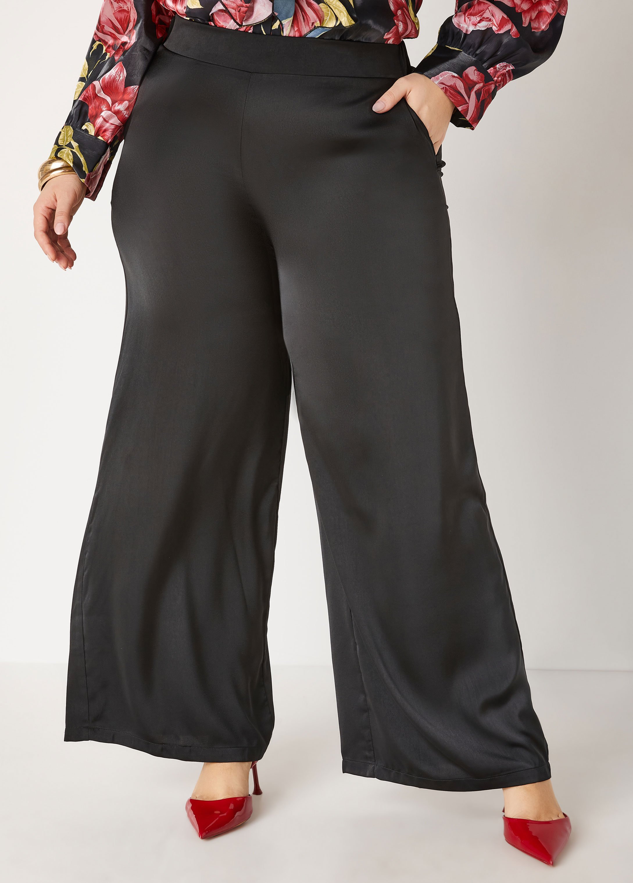 Plus Size Satin High Rise Wide Leg Pants, BLACK, 22 - Ashley Stewart