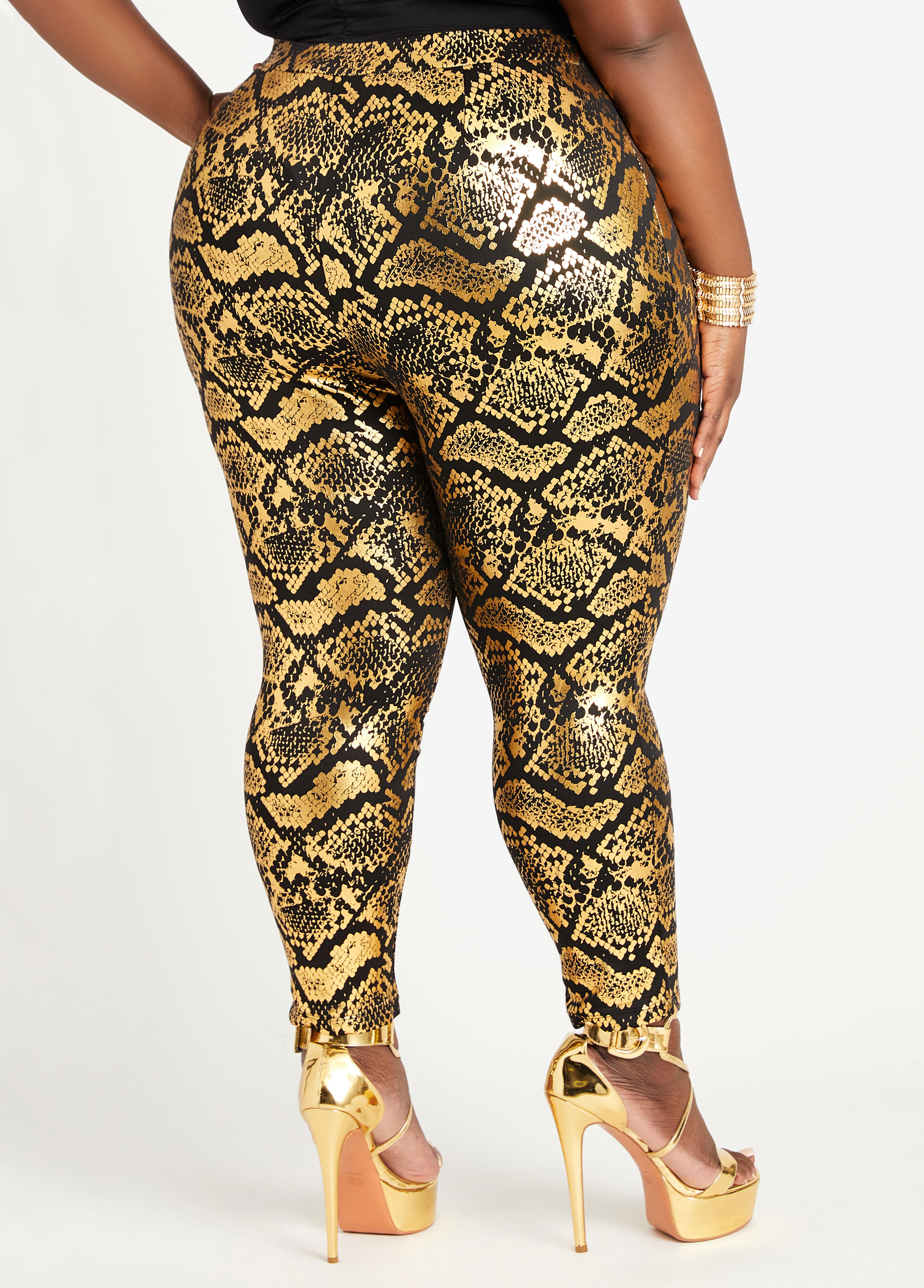 White House Black Market, gold faux snakeskin leggings, size 14S