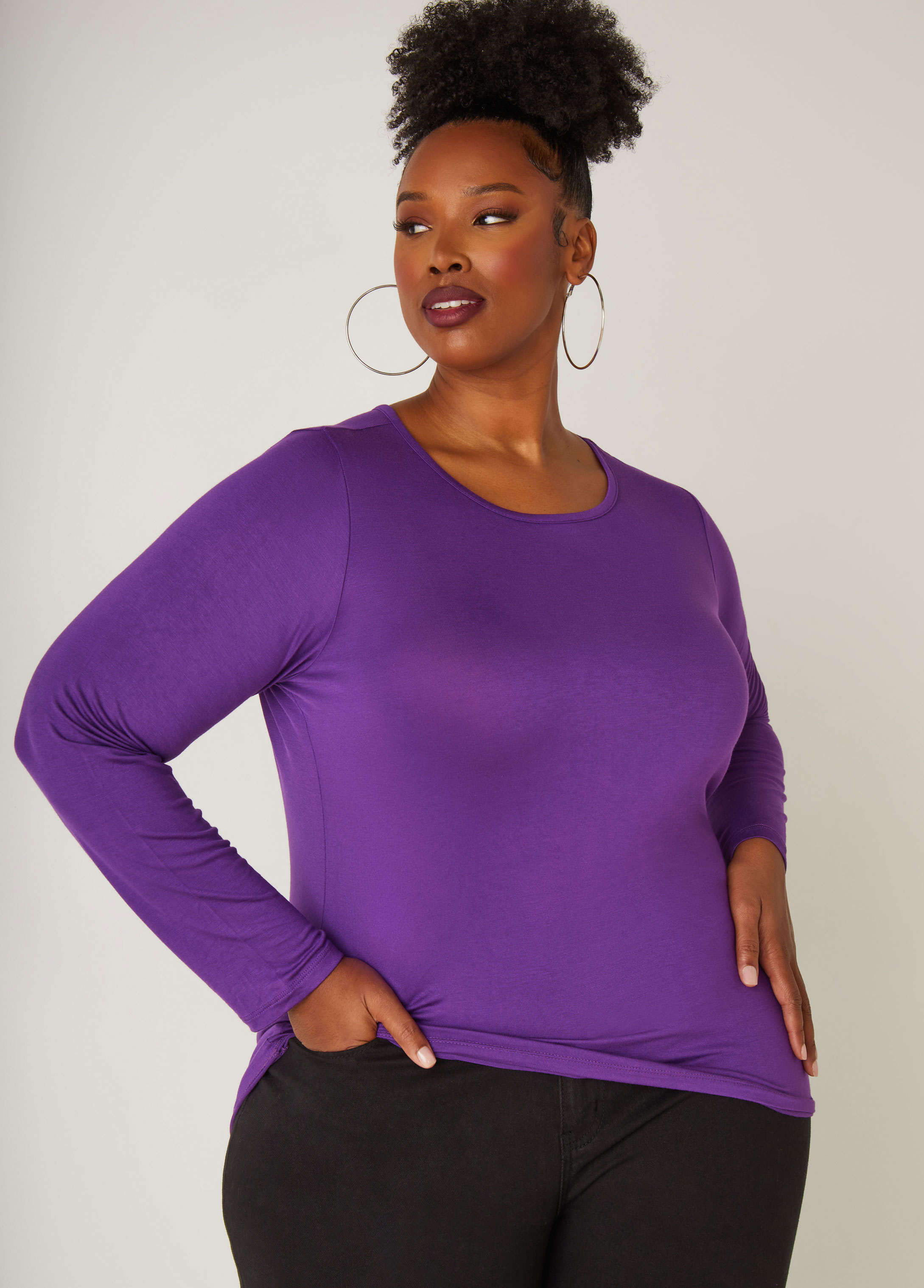 Plus Size Long Sleeve Basic Jersey Tee, PURPLE, 10/12 - Ashley Stewart