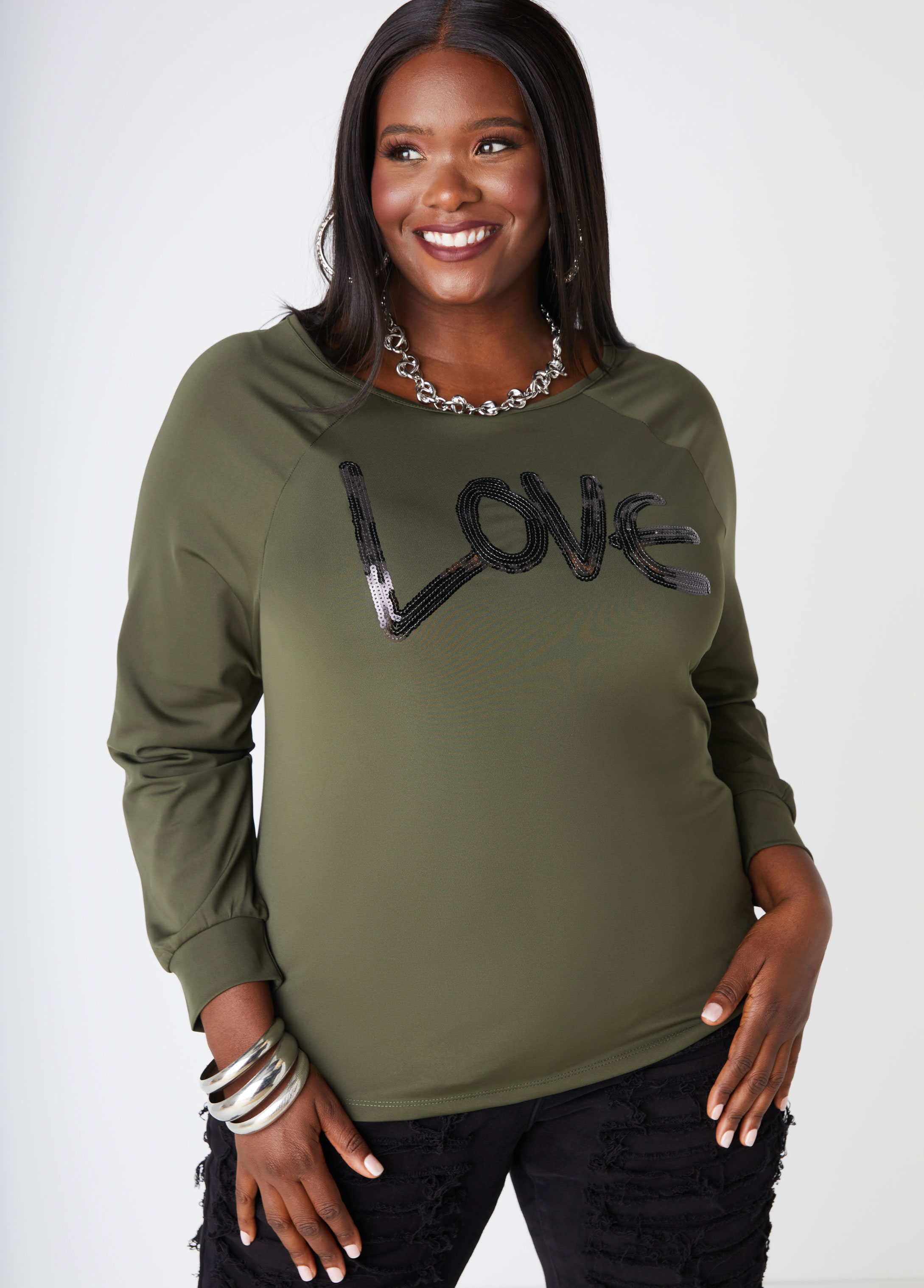 Plus Size Love Sequin Embellished Tee, GREEN, 18/20 - Ashley Stewart