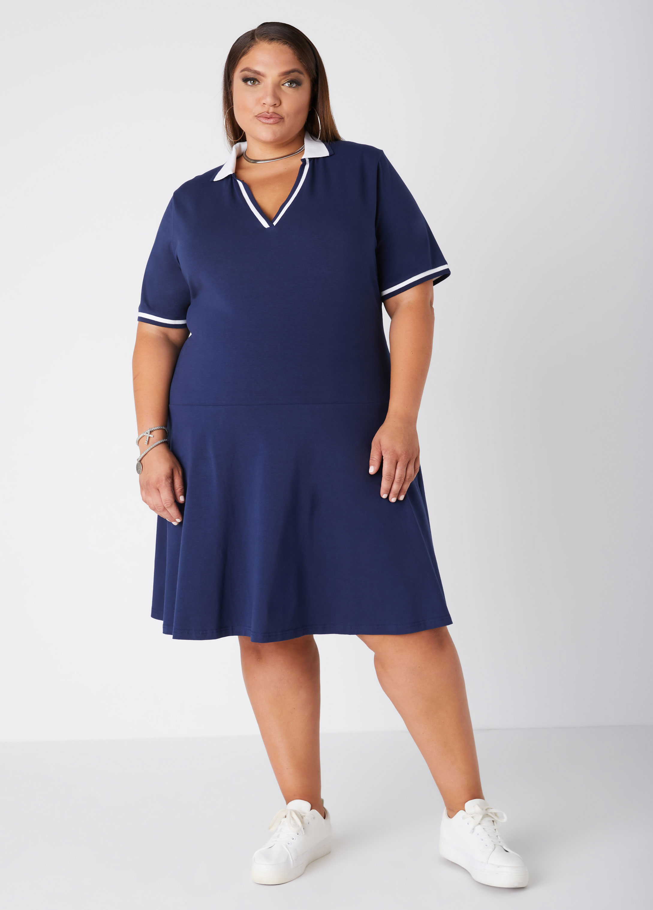 Plus Size Striped Jersey Polo Dress, PURPLE, 14/16 - Ashley Stewart