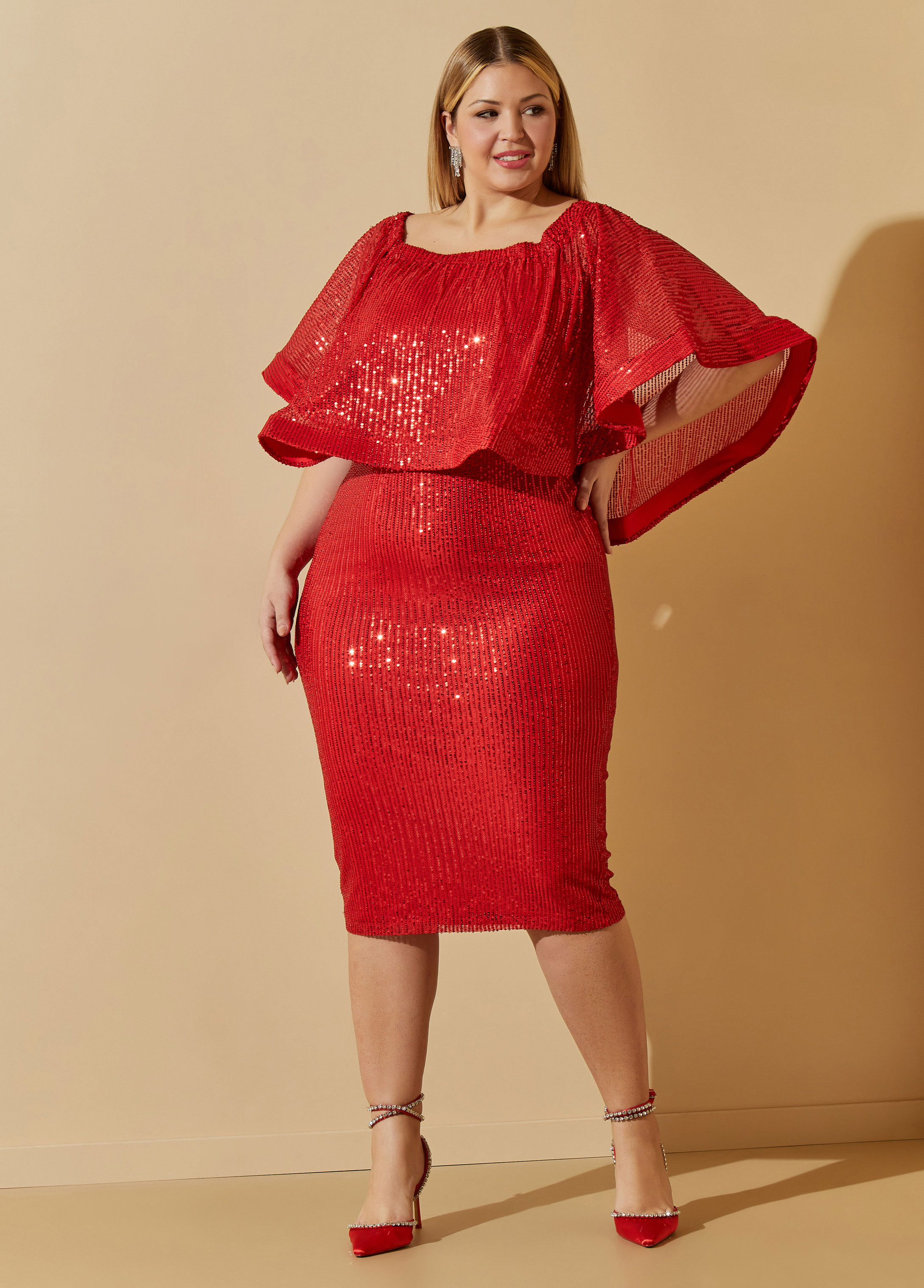 Plus Size Cape Effect Sequined Bodycon Dress, RED, 34/36 - Ashley Stewart