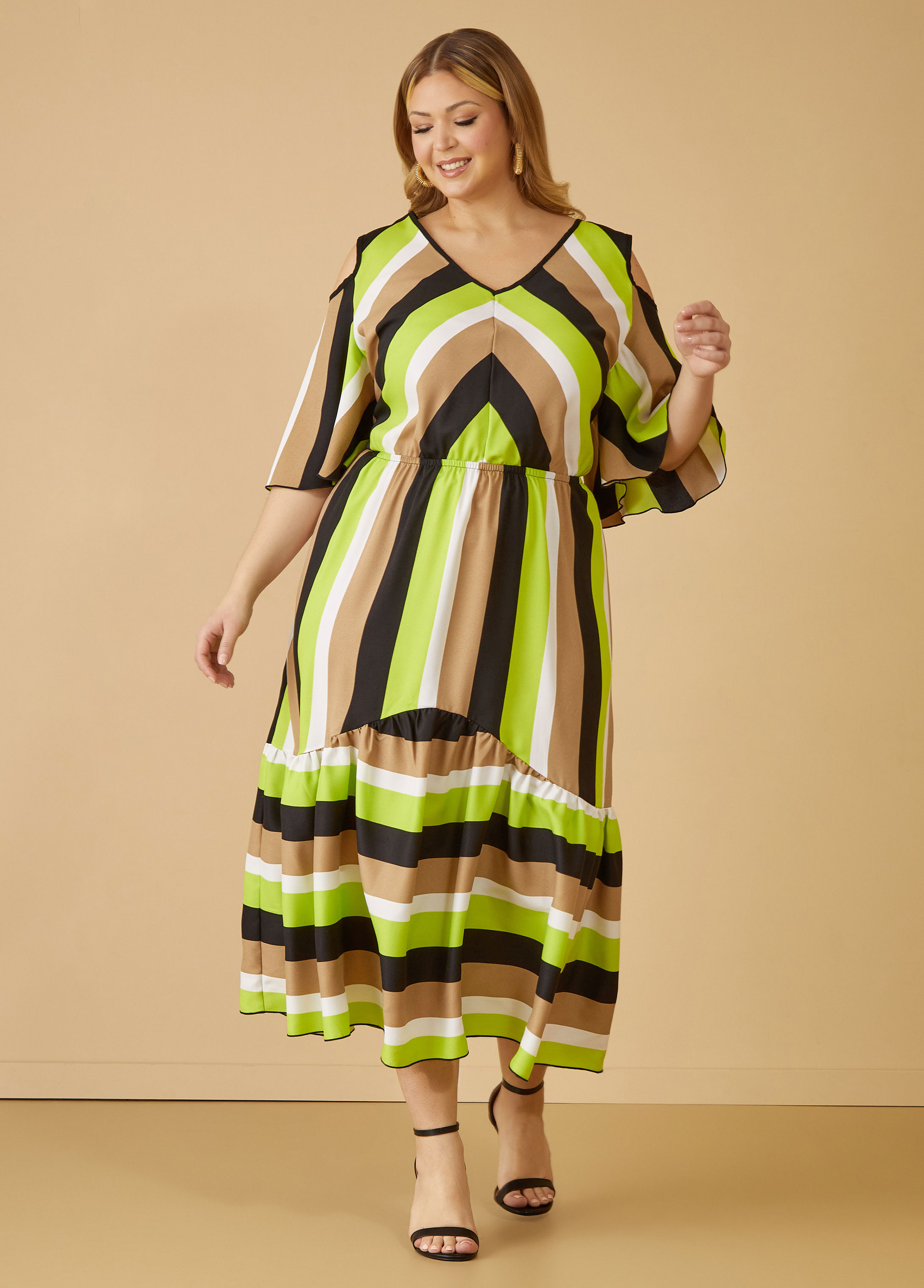 Cold Shoulder Striped Midaxi Dress