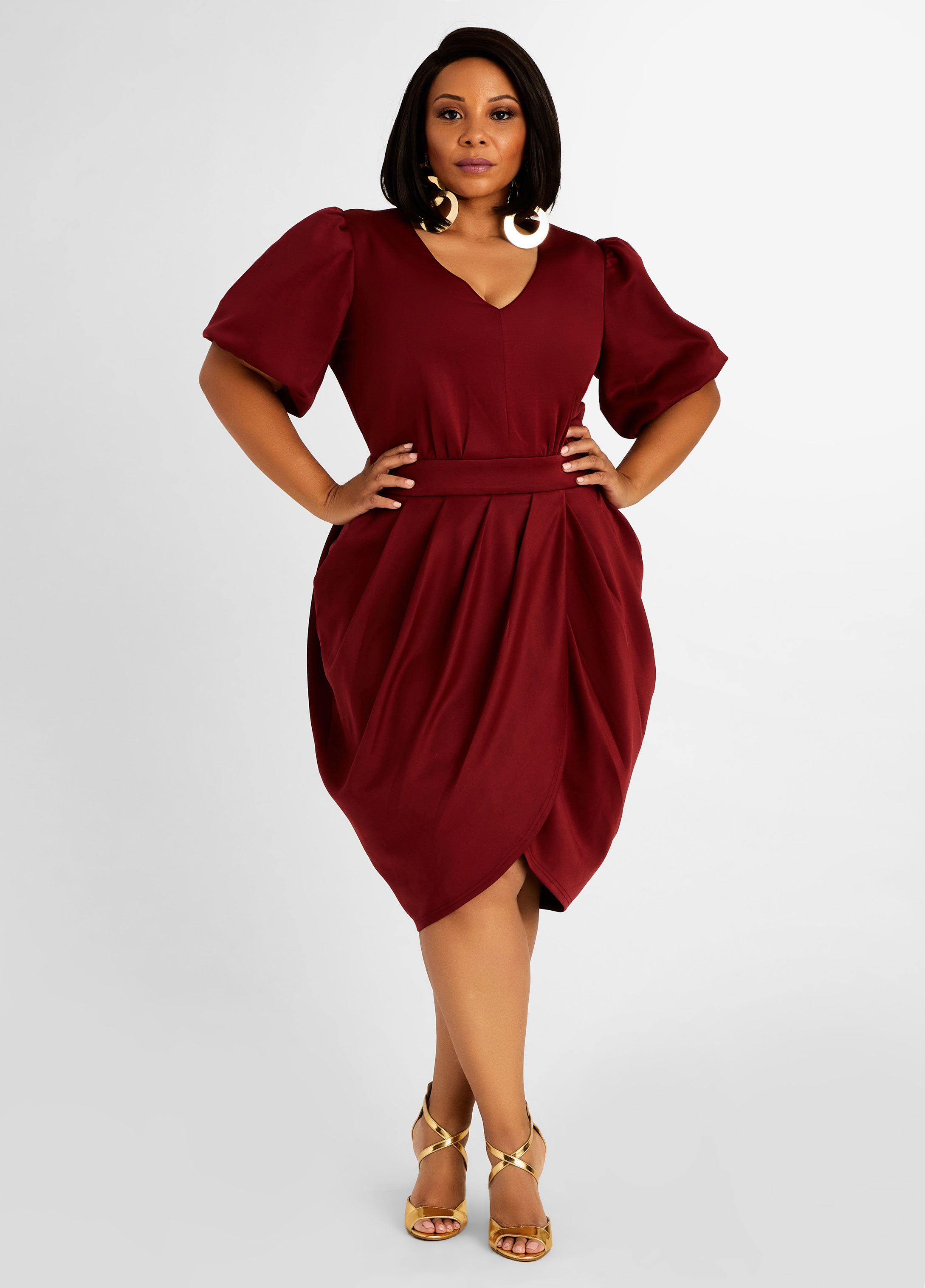 Plus Size Puff Sleeve Knit Sheath Tulip Gathered Zip Sexy Party Dress