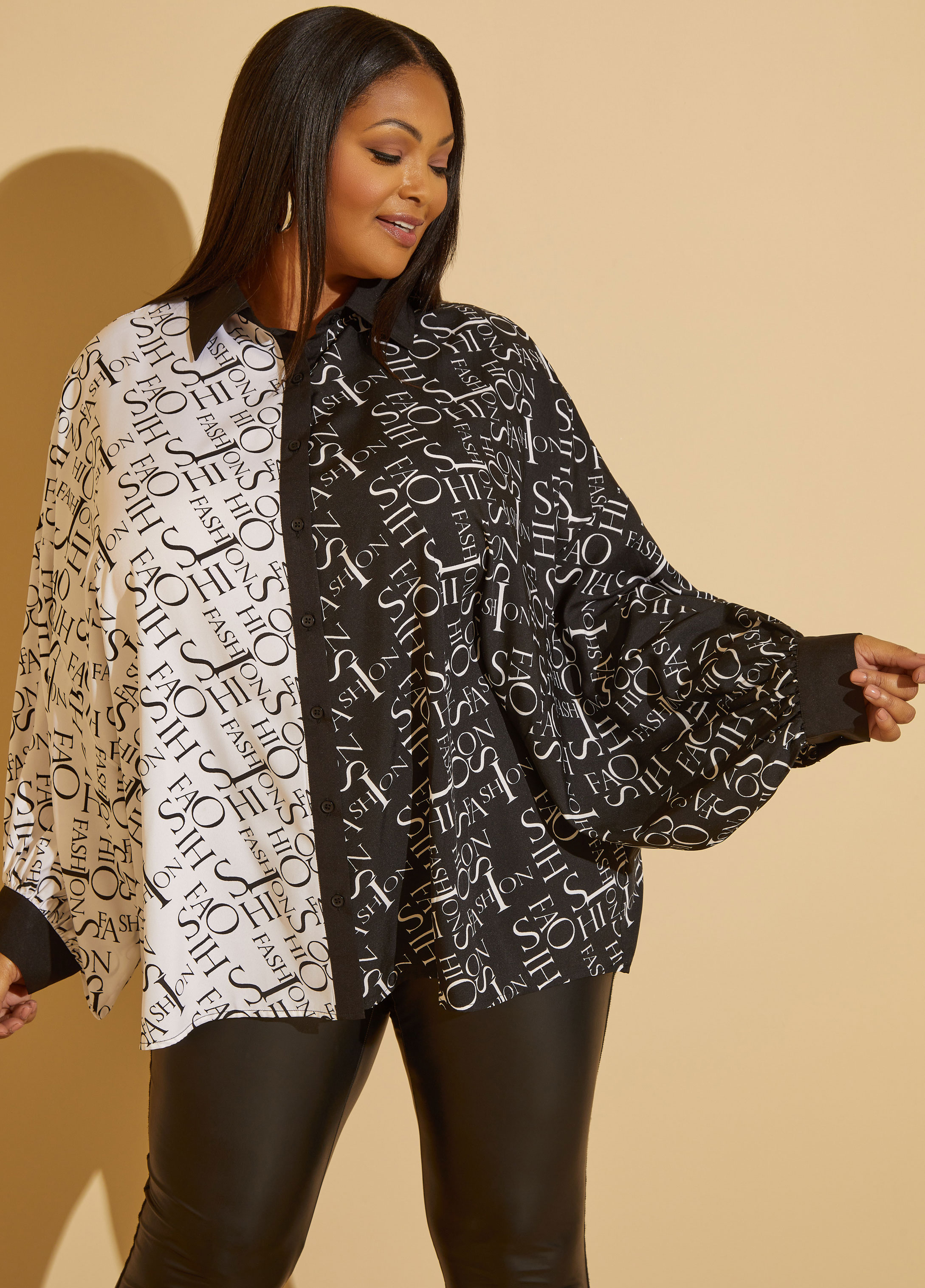 Plus Size Fashion Print Shirt, BLACK, 10/12 - Ashley Stewart