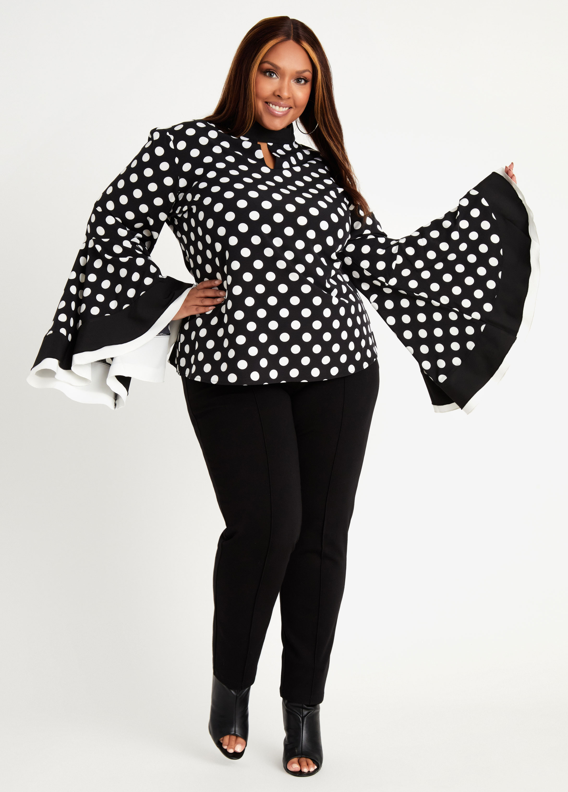 Plus Size Work Blouses Polka Dot Mock Neck Drama Keyhole Flare Sleeve