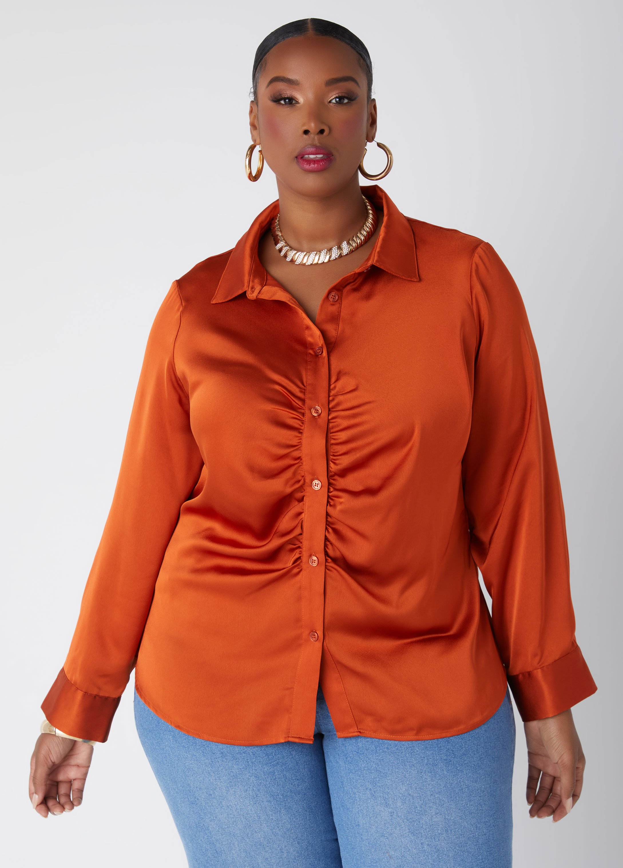 Plus Size Ruched Front Satin Shirt, BROWN, 20 - Ashley Stewart