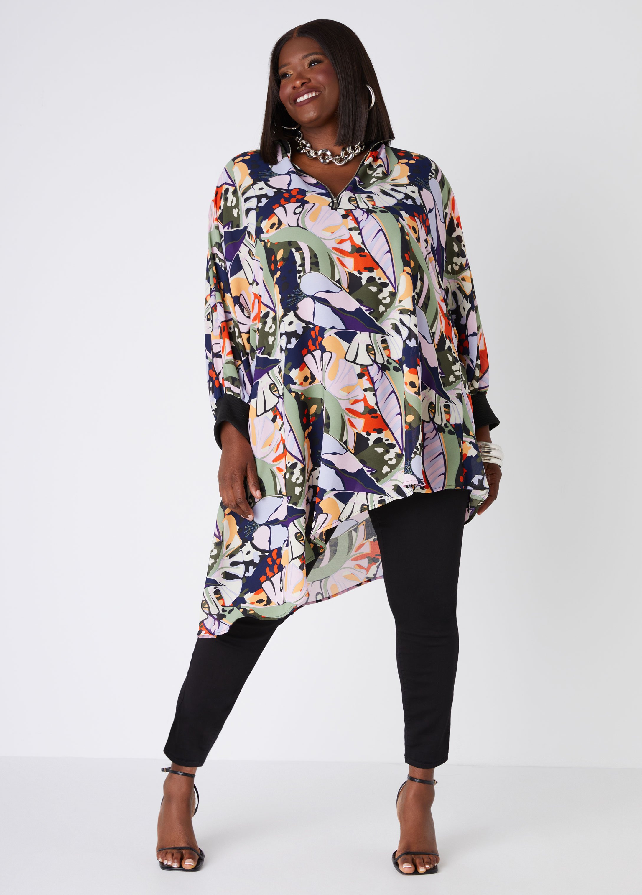 Plus Size Asymmetric Leaf Print Blouse, MULTI, 14/16 - Ashley Stewart