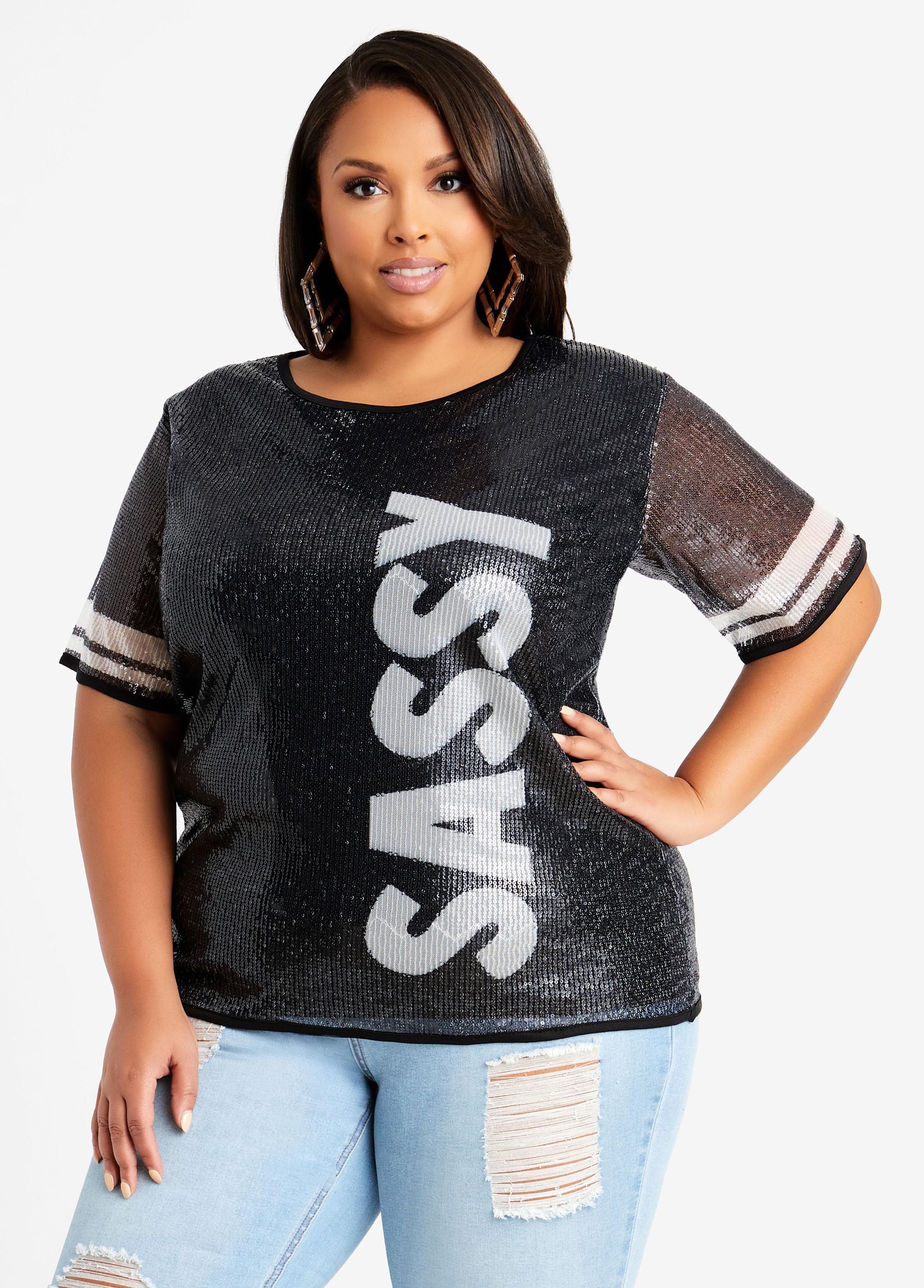 Sequin Jersey Graphic Tee in Black