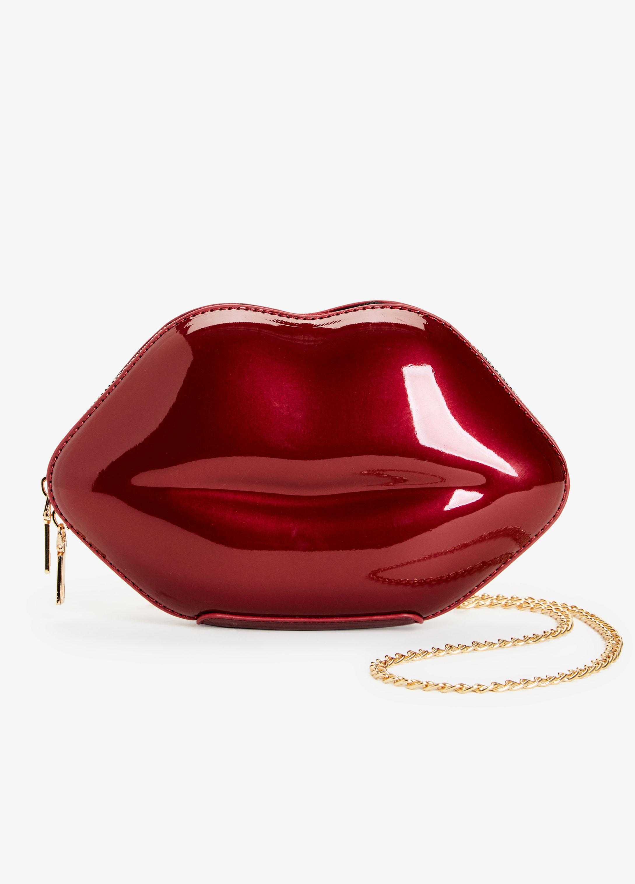 Trendy Red Faux Patent Leather Lip Shaped Handbag Chain Strap Clutch