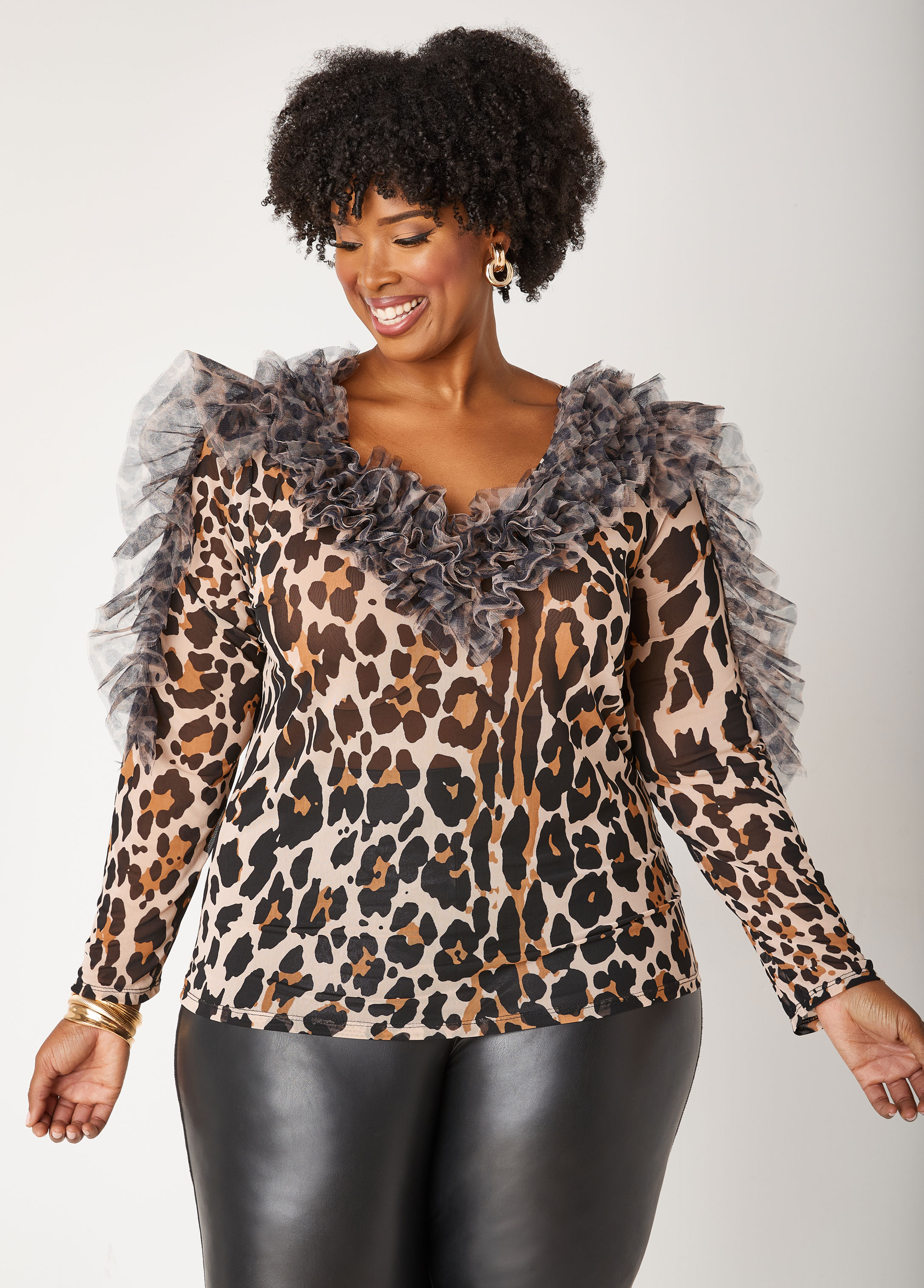 Plus Size Ruffled Leopard Print Mesh Top, MULTI, 34/36 - Ashley Stewart