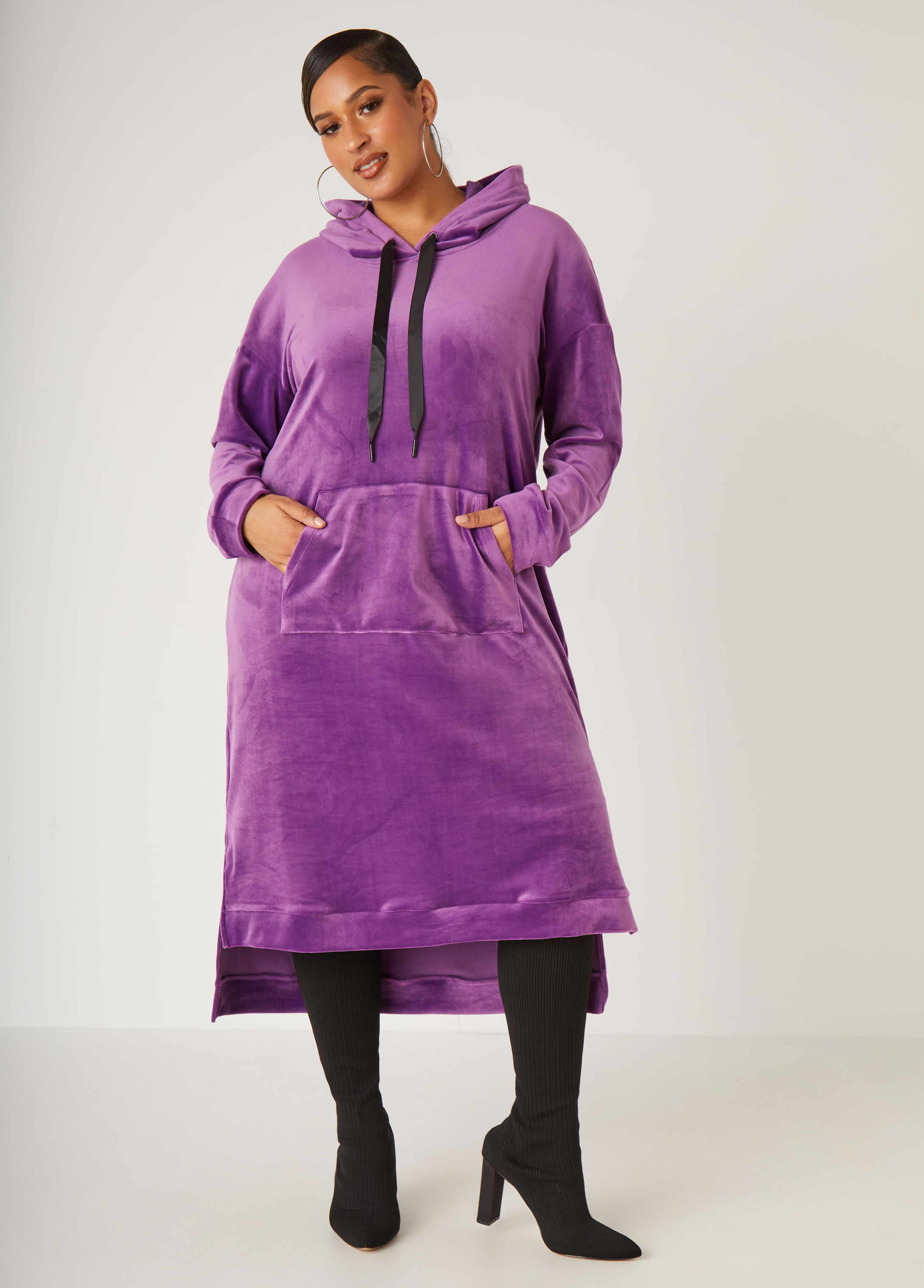 Plus Size Hooded Velour Hi Low Dress, PURPLE, 26/28 - Ashley Stewart