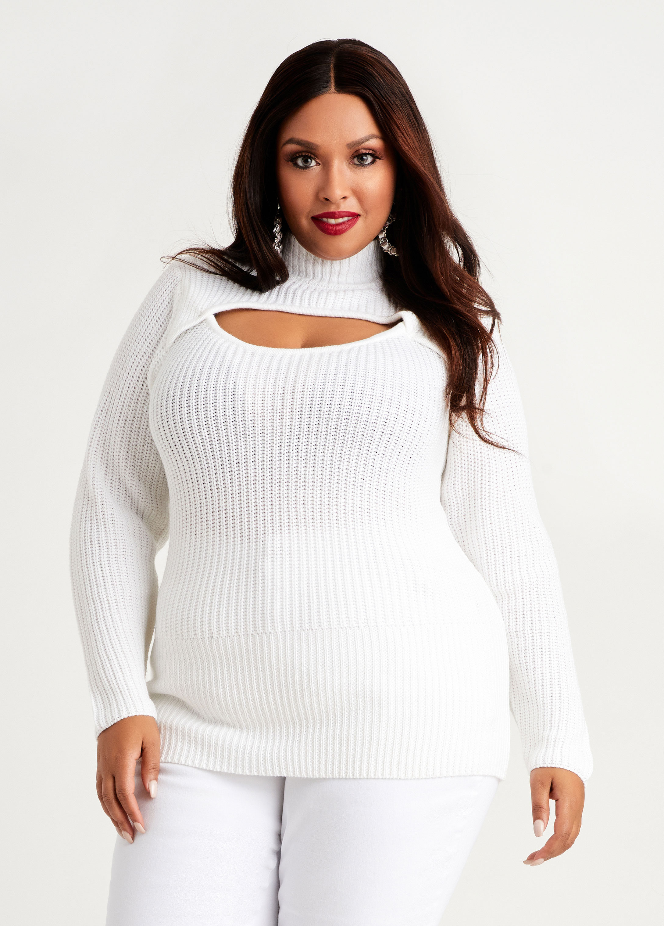 Plus Size Cutout Mock Neck Cable Knit Cozy Chic Fitted Sweater