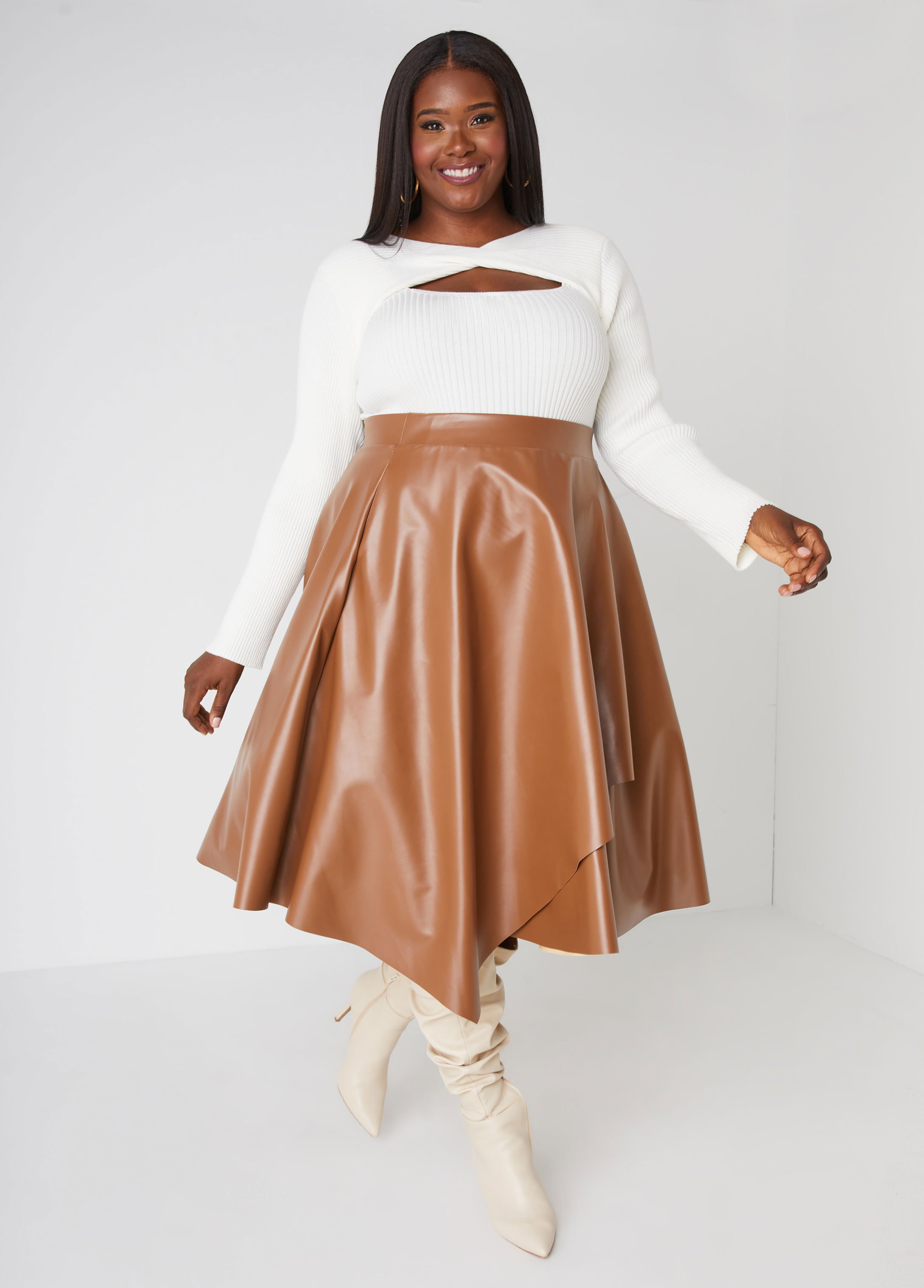 Plus Size Faux Leather A Line Skirt, BROWN, 30/32 - Ashley Stewart