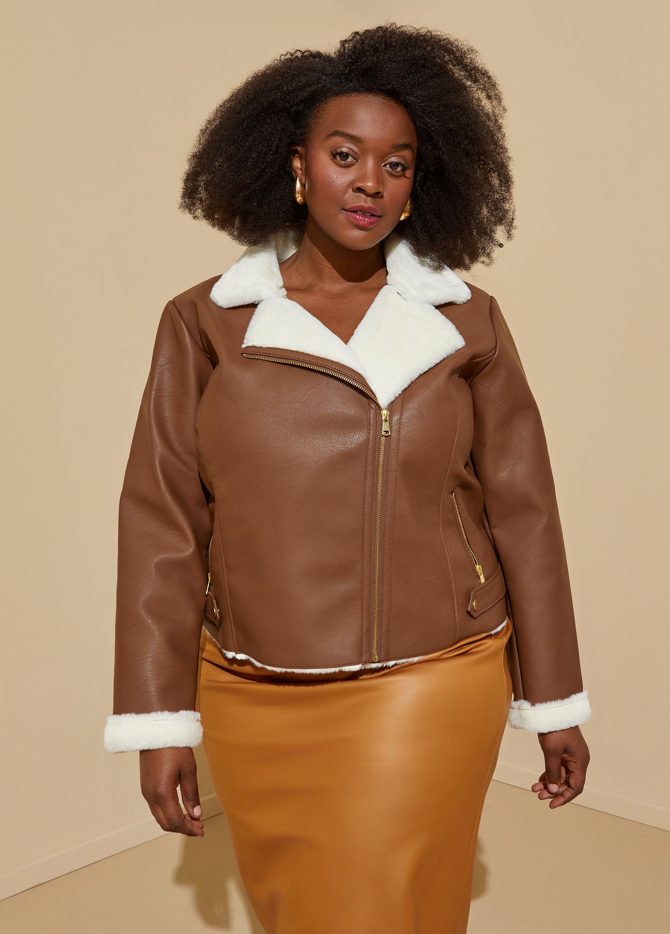 Plus size faux outlet fur leather jacket