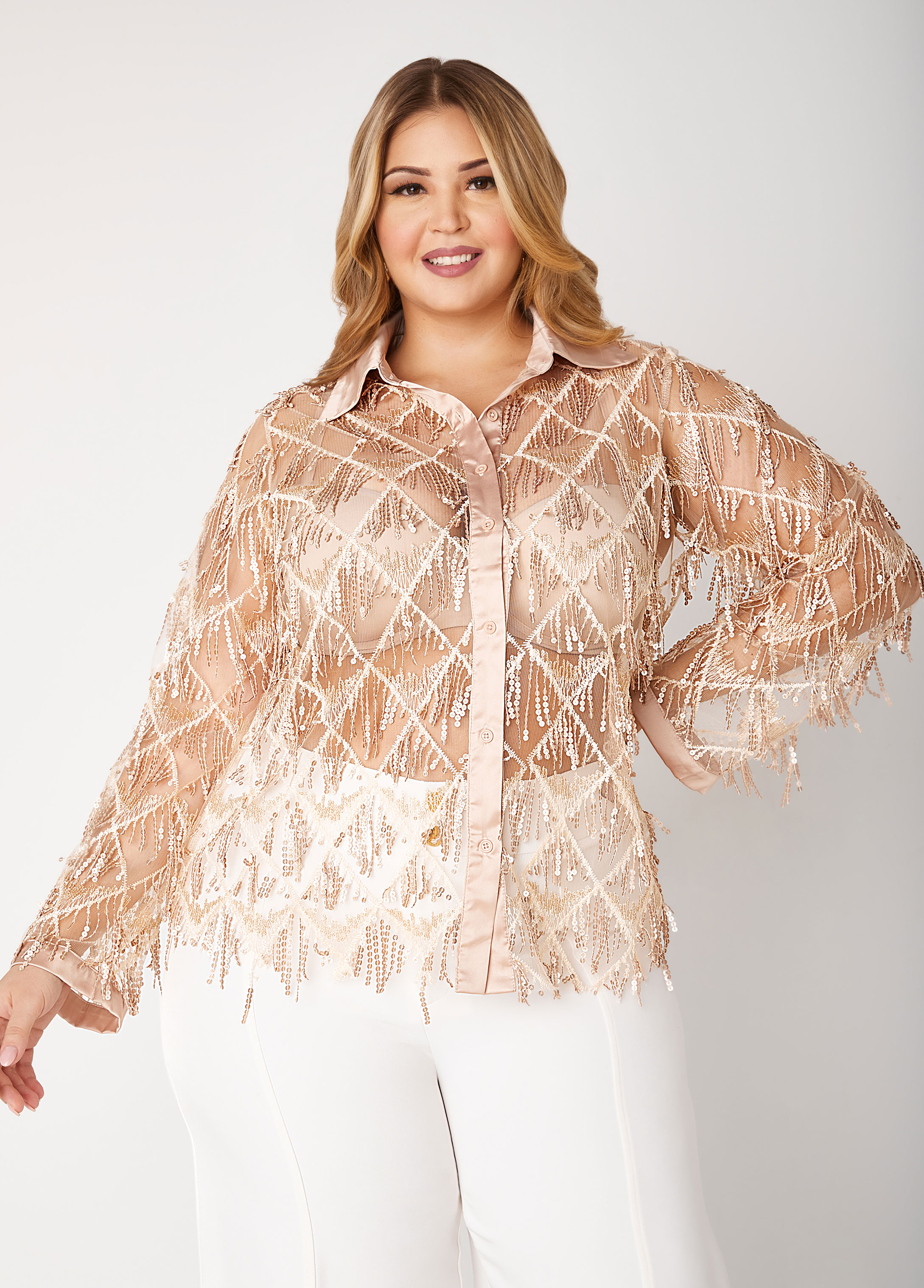 Plus Size Fringed Sequin Mesh Shirt, YELLOW, 26/28 - Ashley Stewart