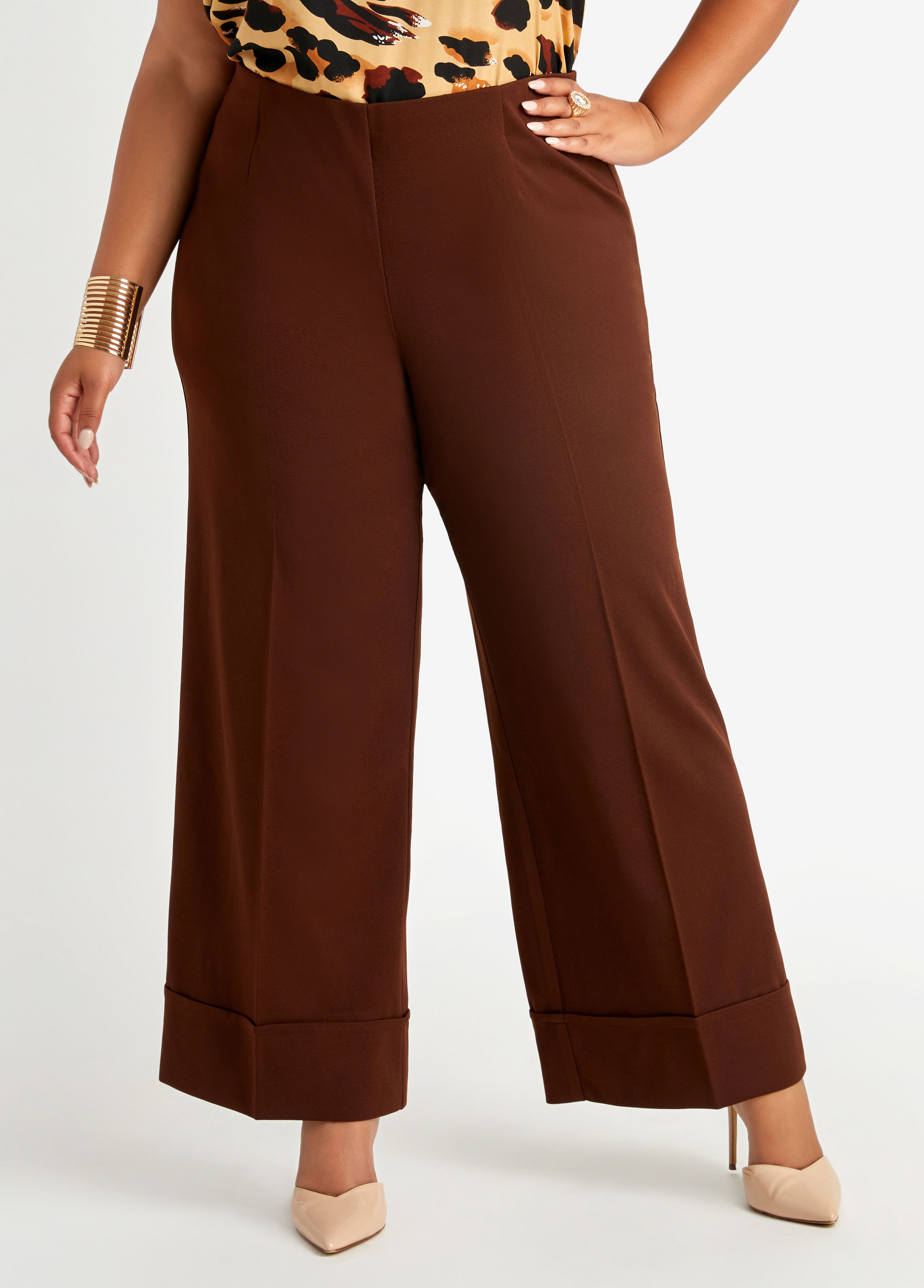 Plus Size Plus Size Work Pants Stretch Pull On Cuffed Wide Leg Pants