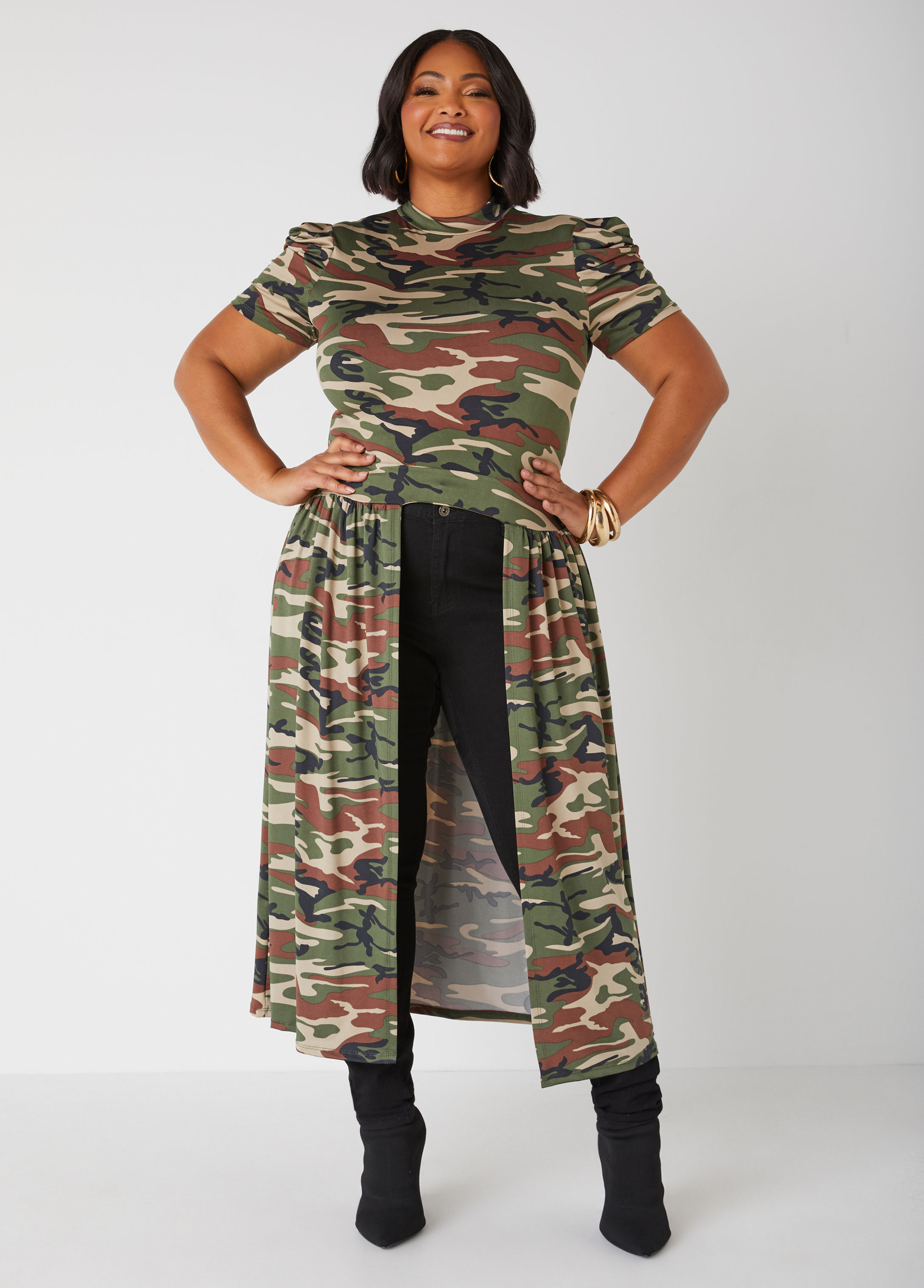 Plus Size Printed Split Front Duster, GREEN, 22/24 - Ashley Stewart