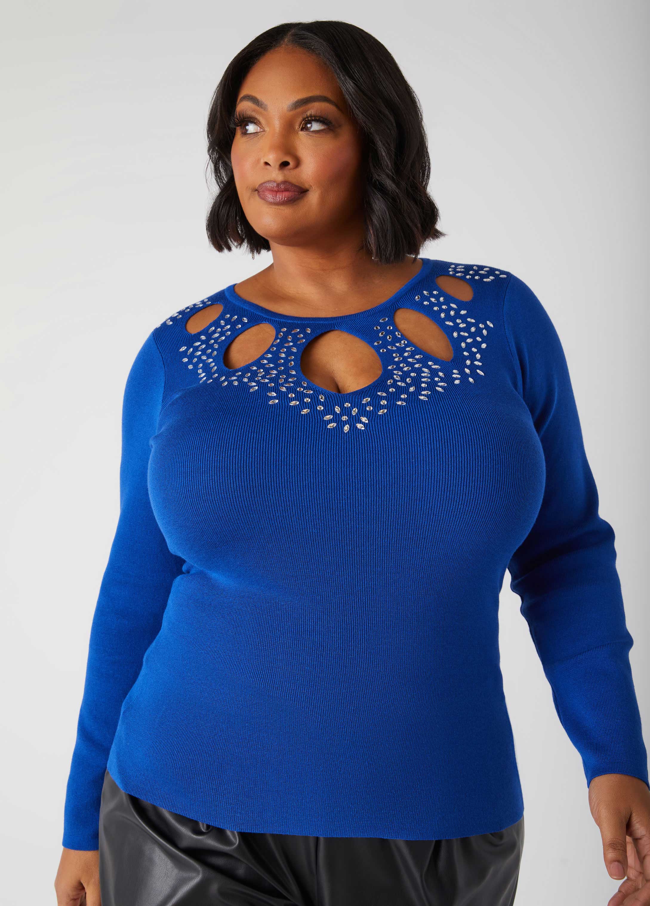 Plus Size Crystal Cutout Sweater, BLUE, 26/28 - Ashley Stewart