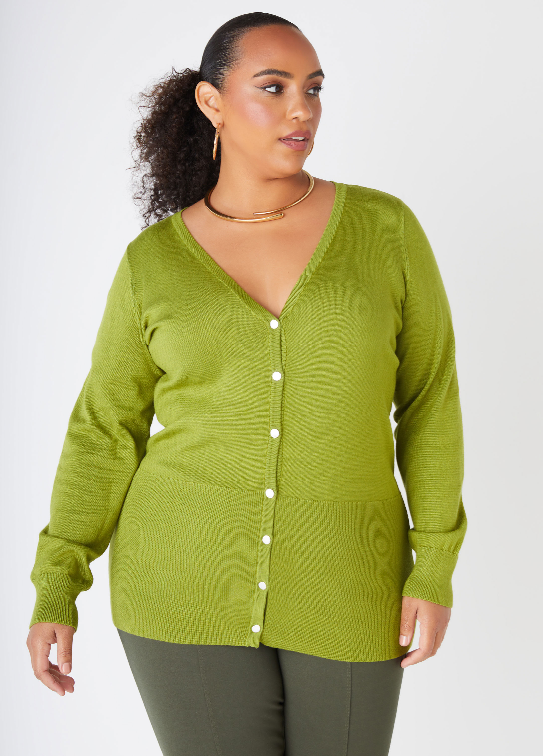 Plus Size Button Front Cardigan, GREEN, 18/20 - Ashley Stewart