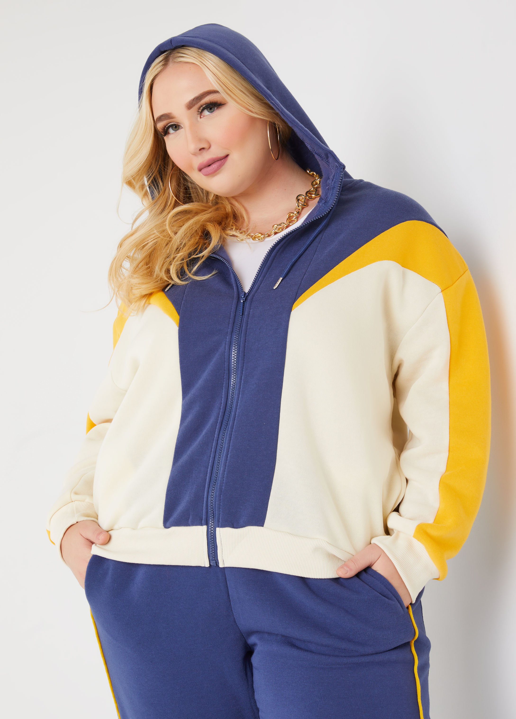 Plus Size Colorblock Fleece Hoodie, BLUE, 2X - Ashley Stewart