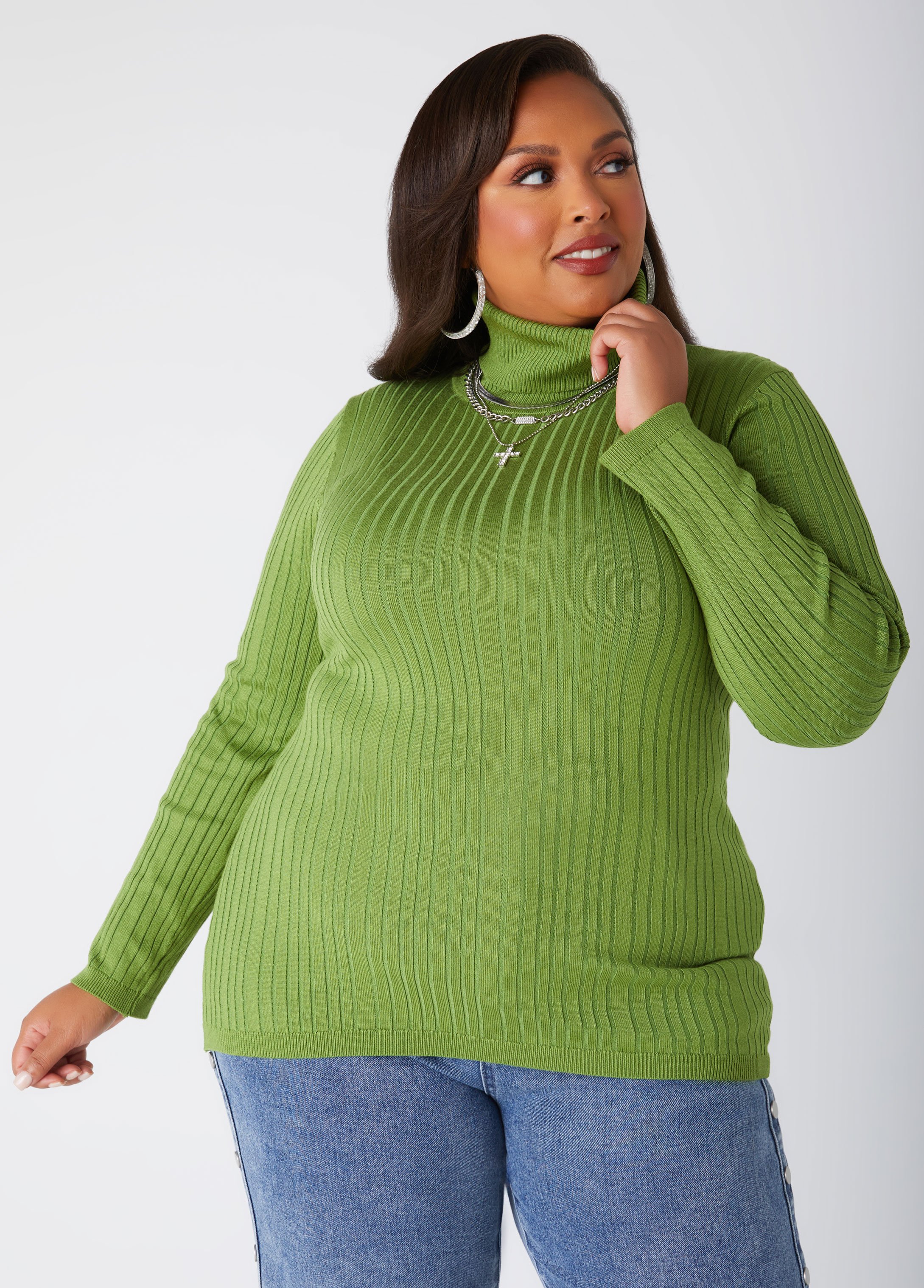 Plus Size Ribbed Turtleneck Sweater, GREEN, 14/16 - Ashley Stewart