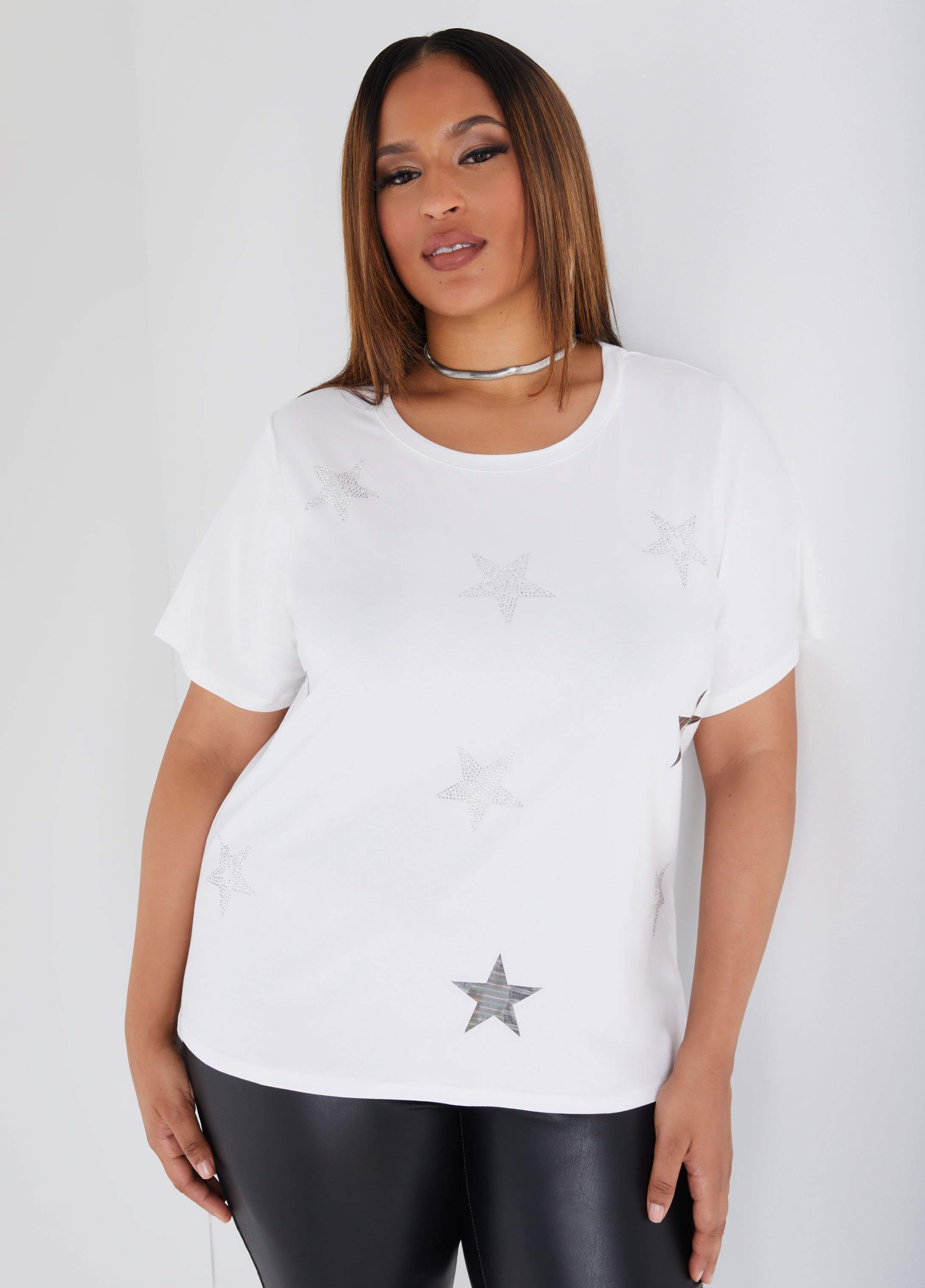 Plus Size Star Embellished Graphic Tee, WHITE, 22/24 - Ashley Stewart