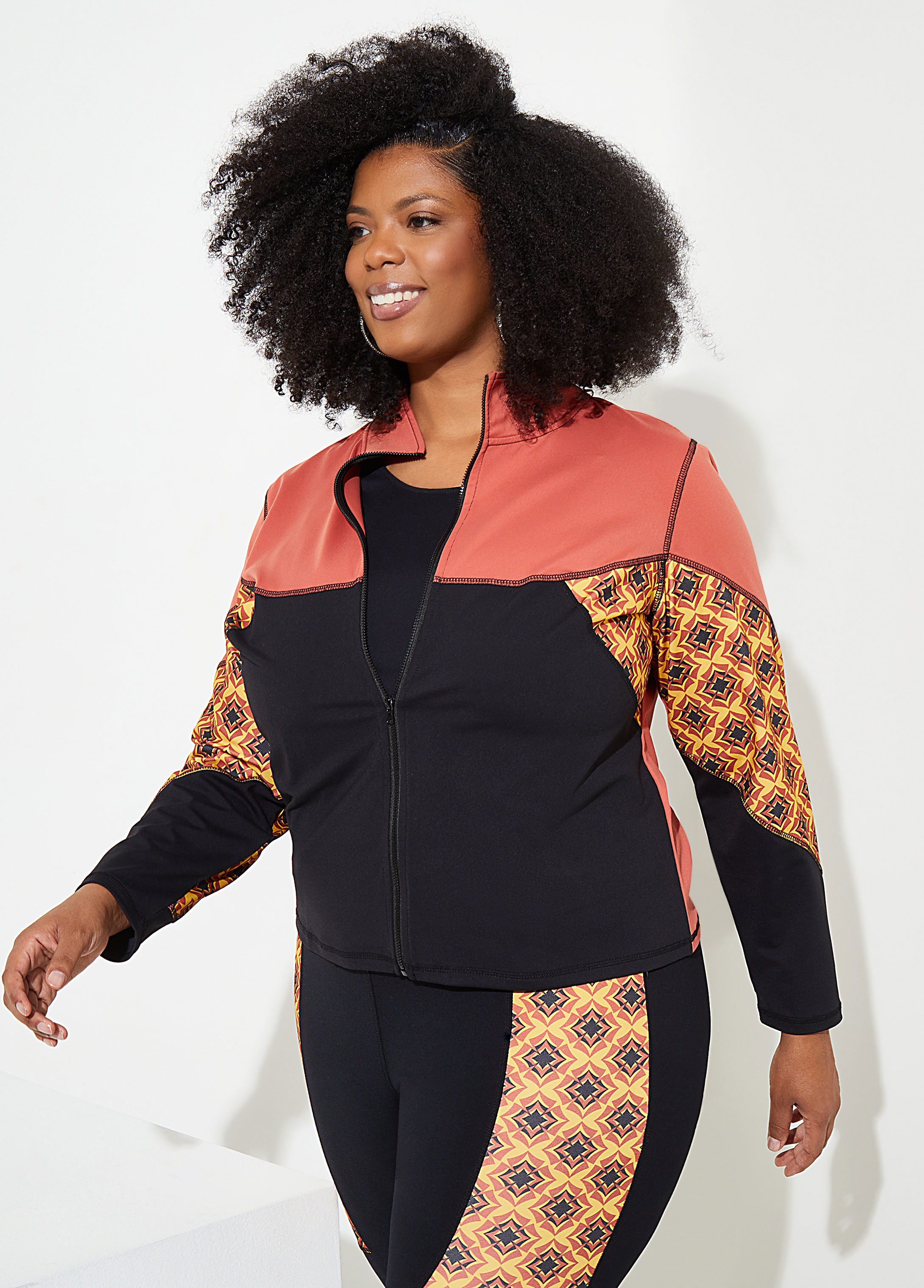 Plus Size Animal Print Paneled Track Jacket, Black, 18/20 - Ashley Stewart