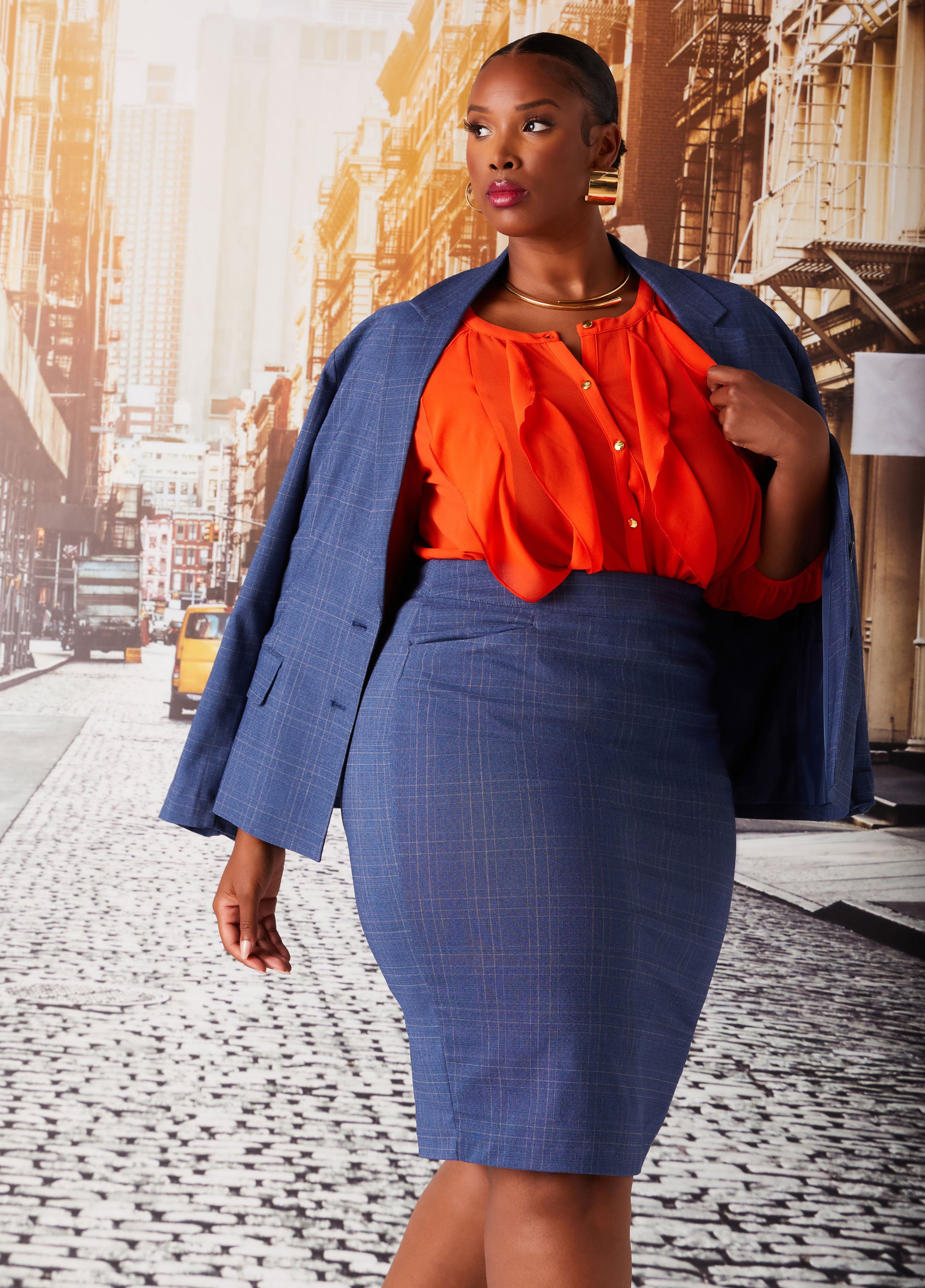 Plus Size Plaid Twill Pencil Skirt, BLUE, 34 - Ashley Stewart