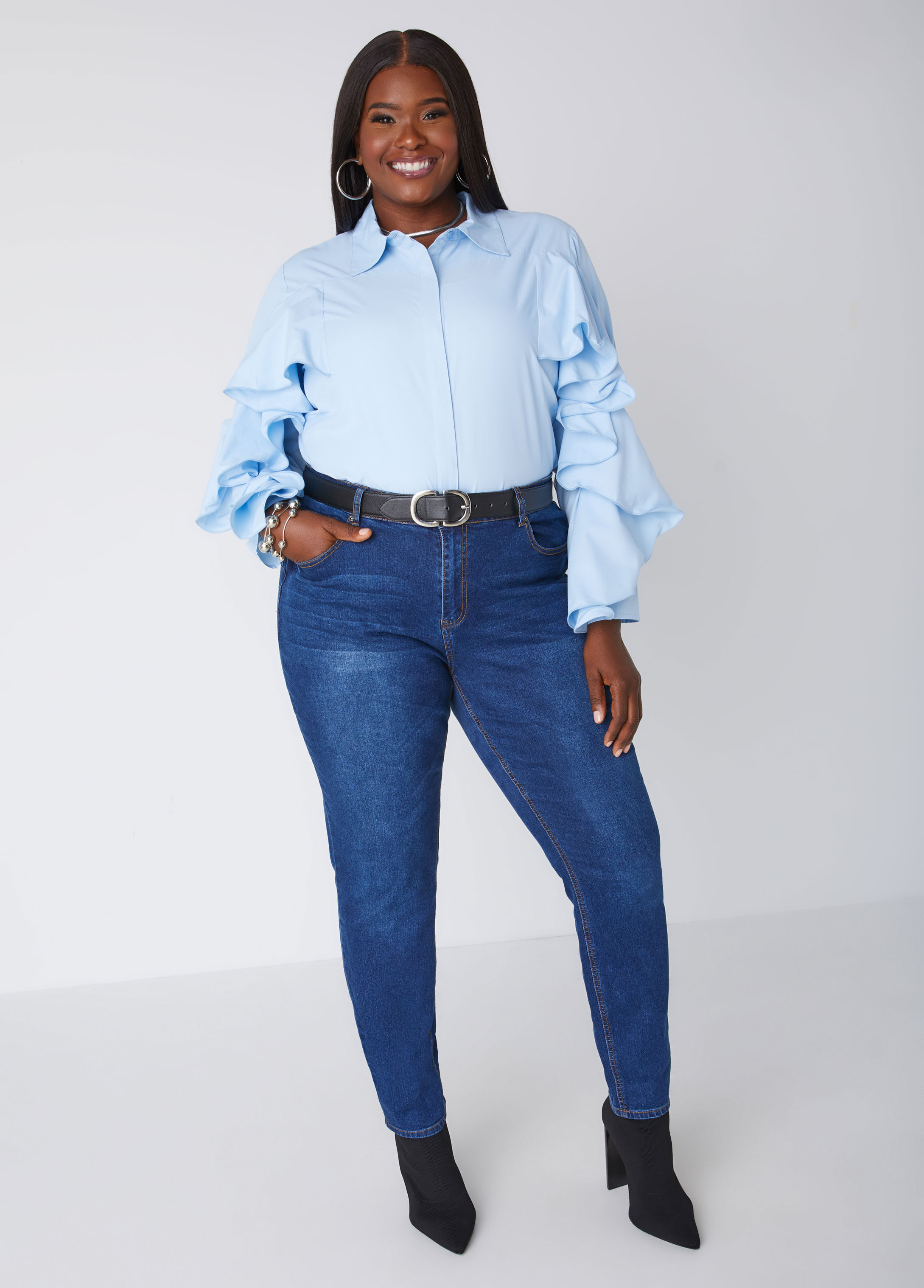 Plus Size Ruffle Trimmed Collared Shirt, BLUE, 34 - Ashley Stewart