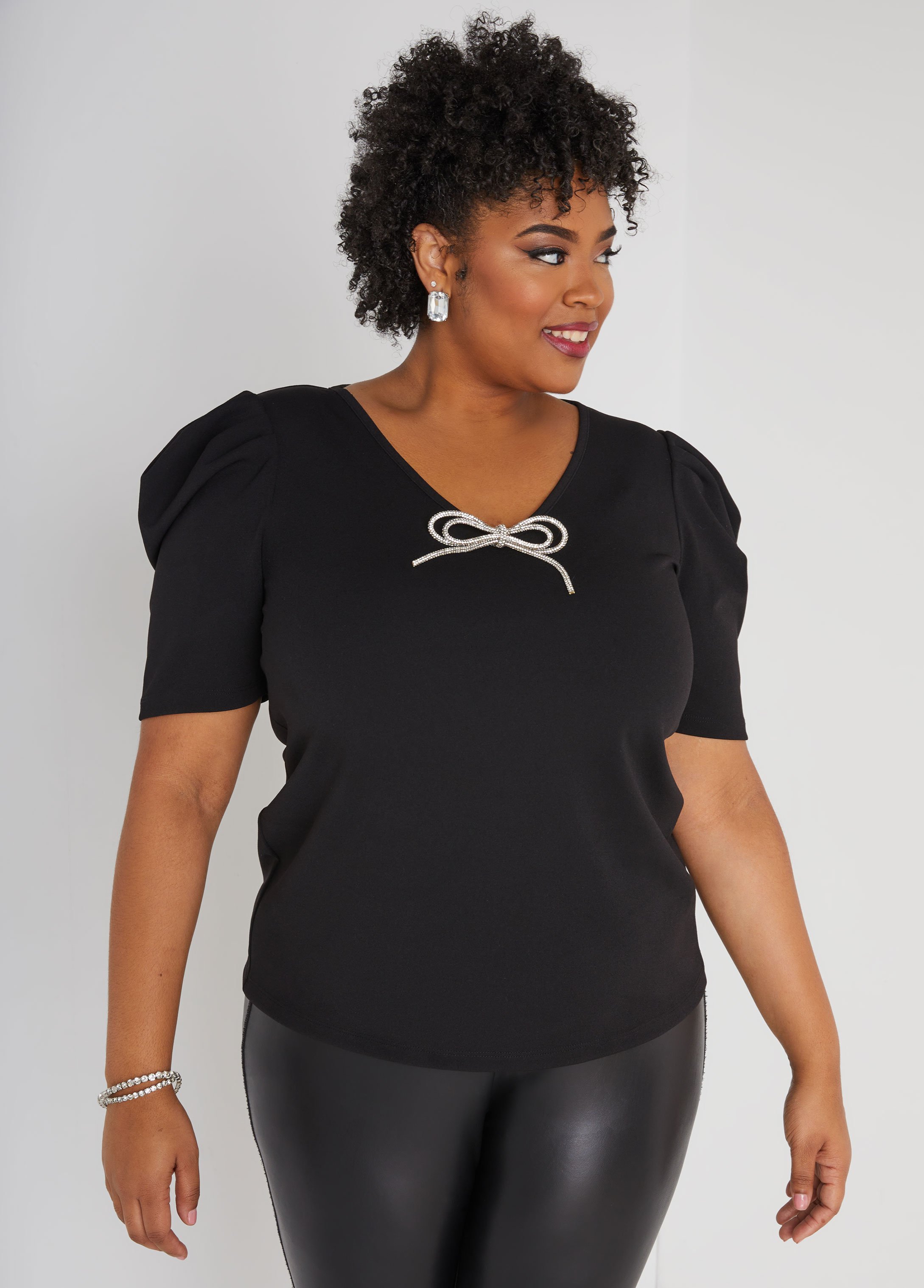 Plus Size Crystal Bow Embellished Crepe Top, BLACK, 26/28 - Ashley Stewart