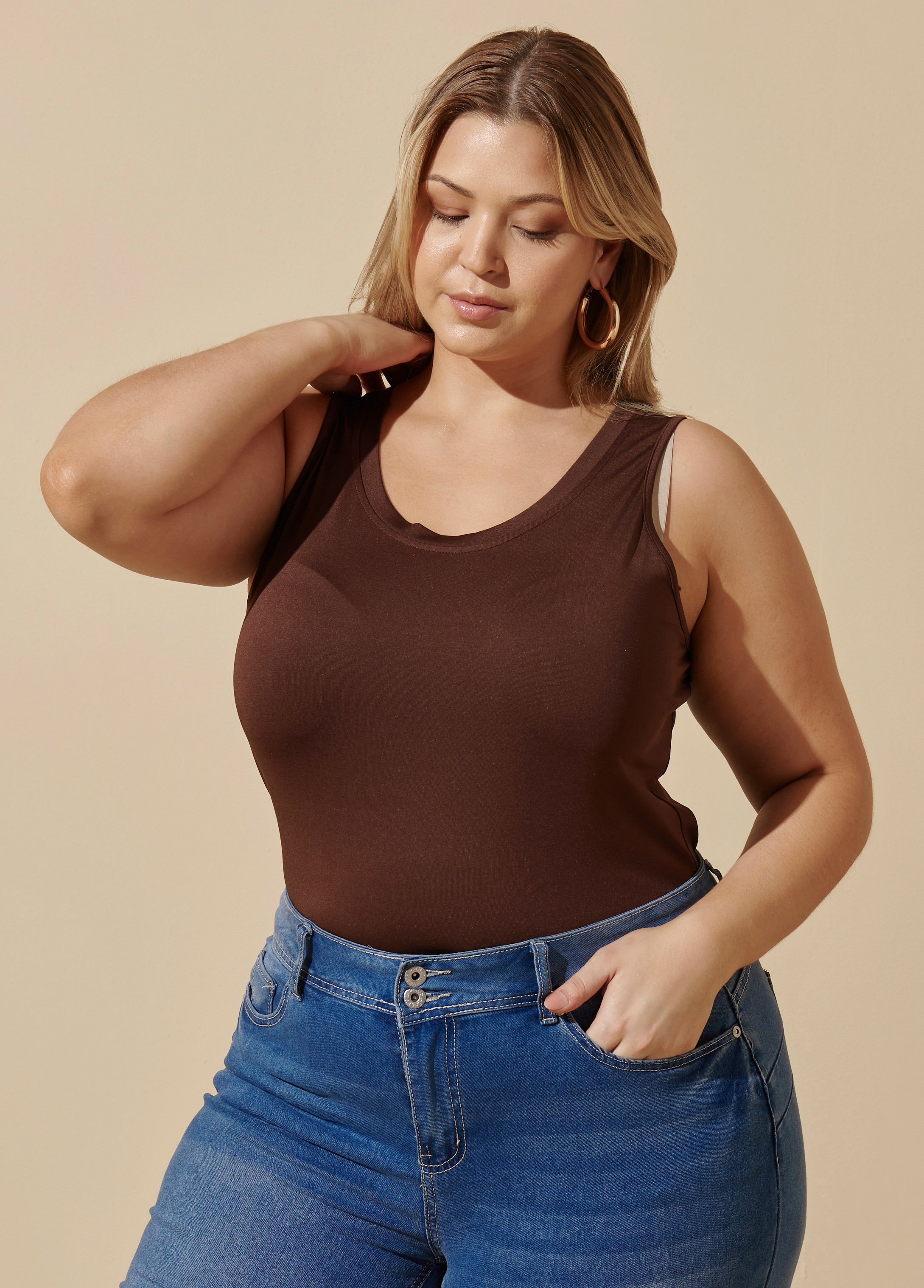 Plus Size Easy Basic Knit Tank Top, BROWN, 26/28 - Ashley Stewart