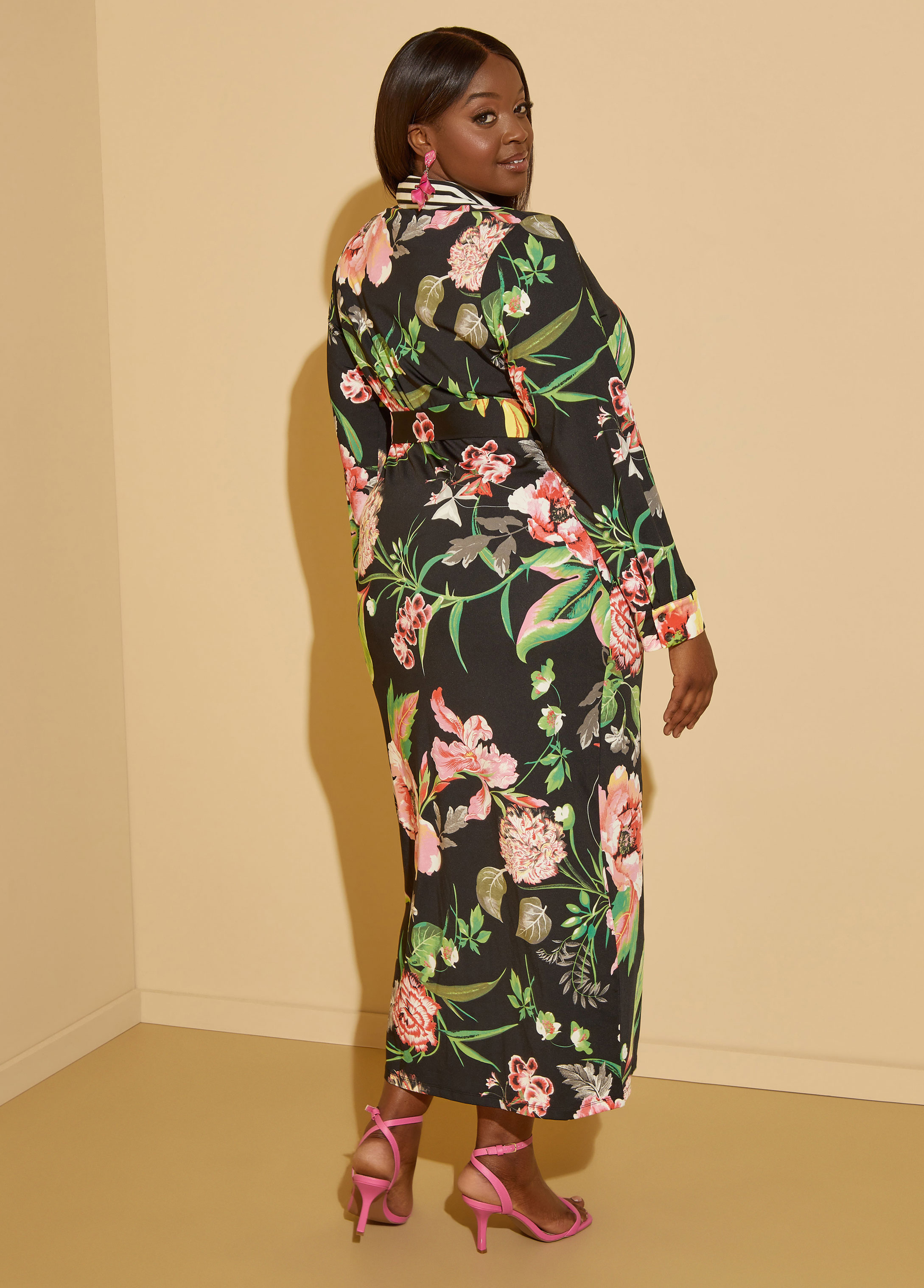 Plus Size Floral Print Maxi Shirtdress Plus Size Knit Dress