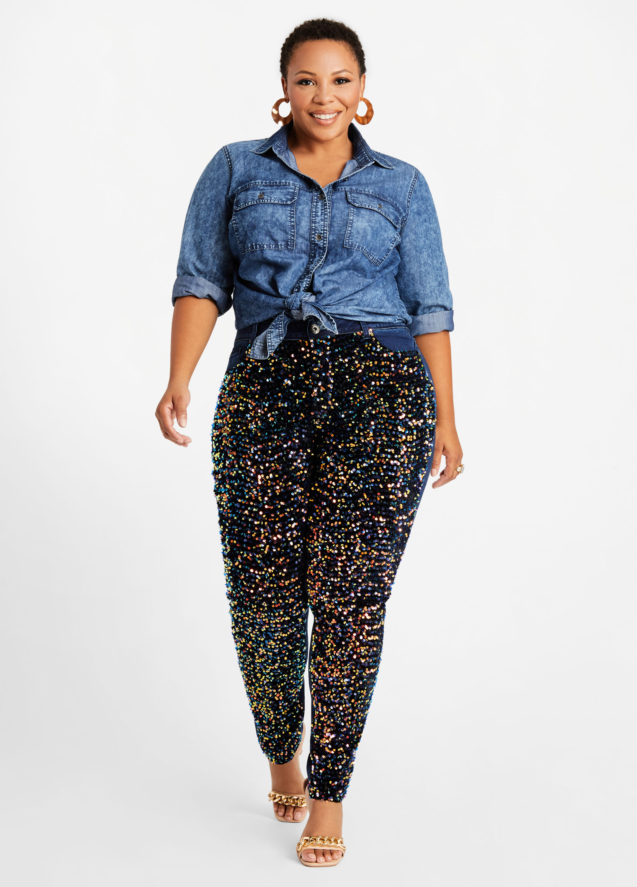 Plus Size Sequined Skinny Jeans, Blue, 3X - Ashley Stewart